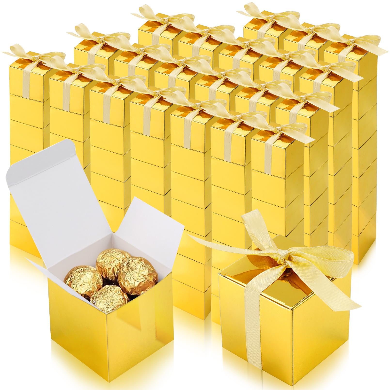 Bgtecho 100 Pack Gold Gift Boxes, 2x2x2 Inches Candy Boxes, Small Gift Boxes with Ribbons and Blank Tags, Paper Party Favor Box for Wedding Bridal Shower Birthday Party All Occasion (Gold)