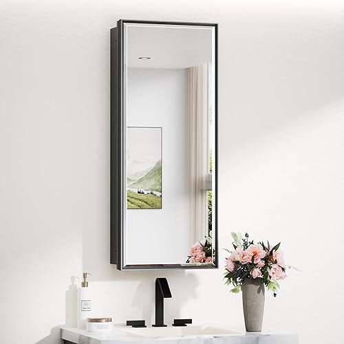 Miniatura 29 de TokeShimi Botiquín empotrado de 26 x 30 pulgadas con espejo montado en la pared, espejo biselado de metal con almacenamiento para tocador de baño