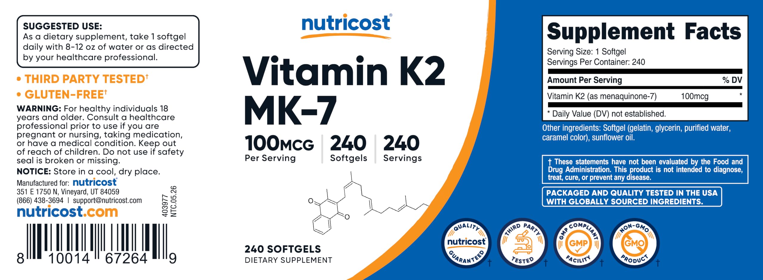 Amazon.co.jp: Nutricost ビタミンK2 MK-7 100マイクログラム、240