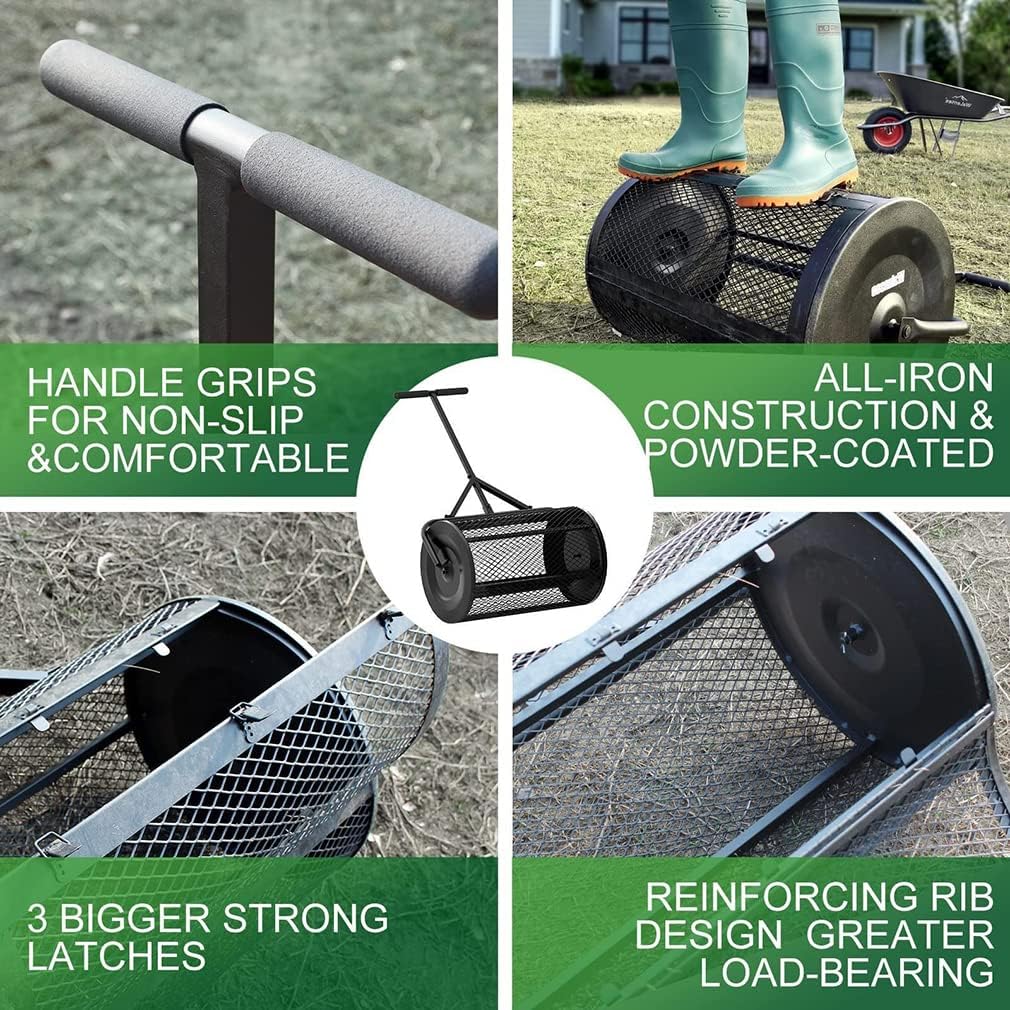 24-Inch Compost Spreader for Lawn and Garden, Hand Seeding Machine Adjustable T Shaped Handle, Durable Metal Mesh Basket, Perfect for Spreading Peat Moss, Fertilizer, and Seeds