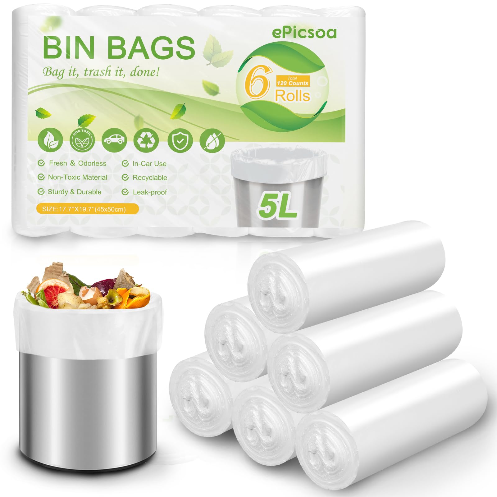5L Small Bin Bags, 120 Counts Bin Liners Small Pedal Bin Bags Mini Pedal Bin Bags Pedal Bin Liners Mini Garbage Bags for Car, Office, Bathroom, Bedroom (White, 5L)