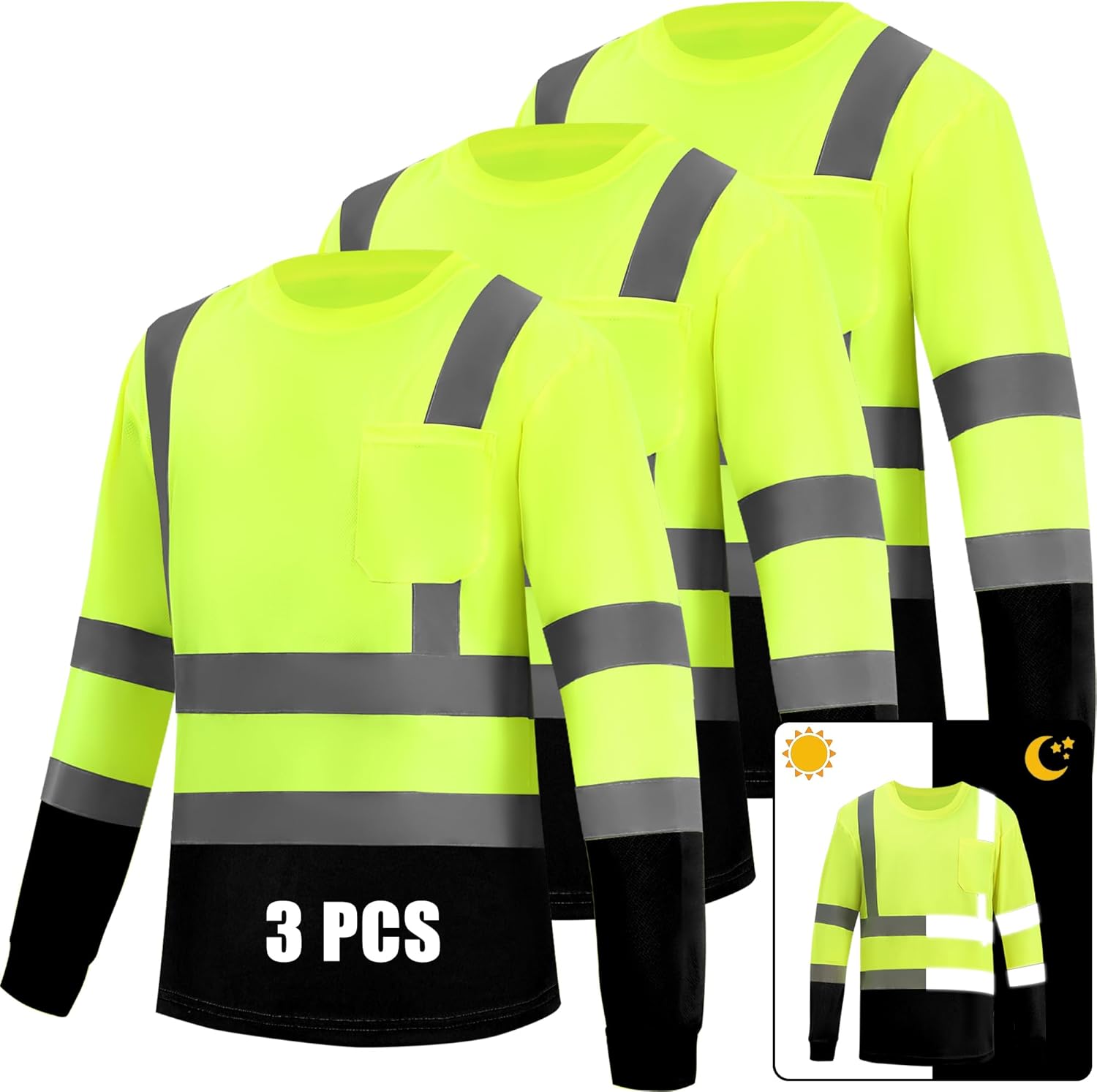 3 Pack Hi Vis Long Sleeve Safety Shirts Reflective DryBlend Shirts for Railway Colleague Moisture Wicking Multipack