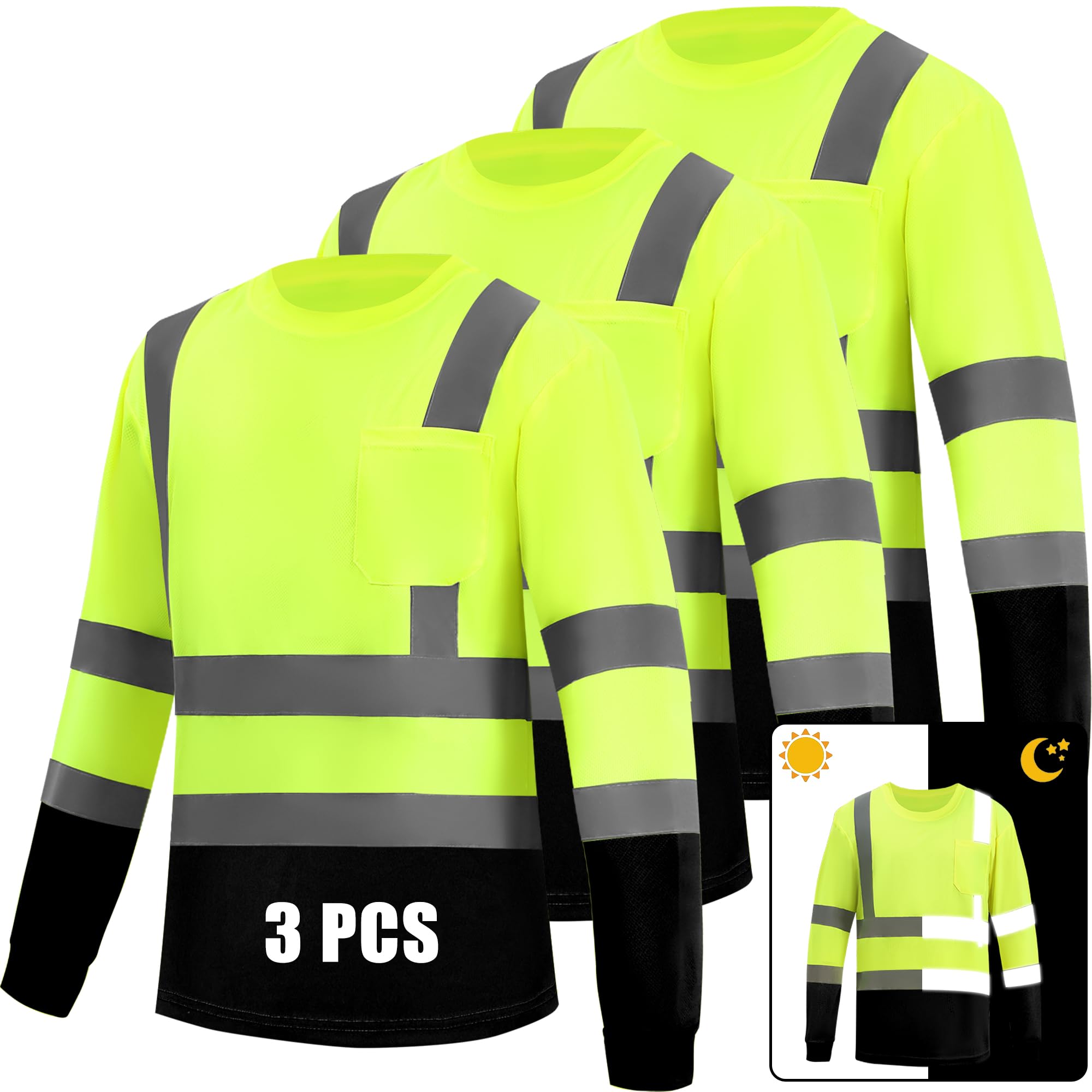 WPLM 3 Pack Hi Vis Long Sleeve Safety Shirts Reflective DryBlend Shirts for Railway Colleague Moisture Wicking Multipack
