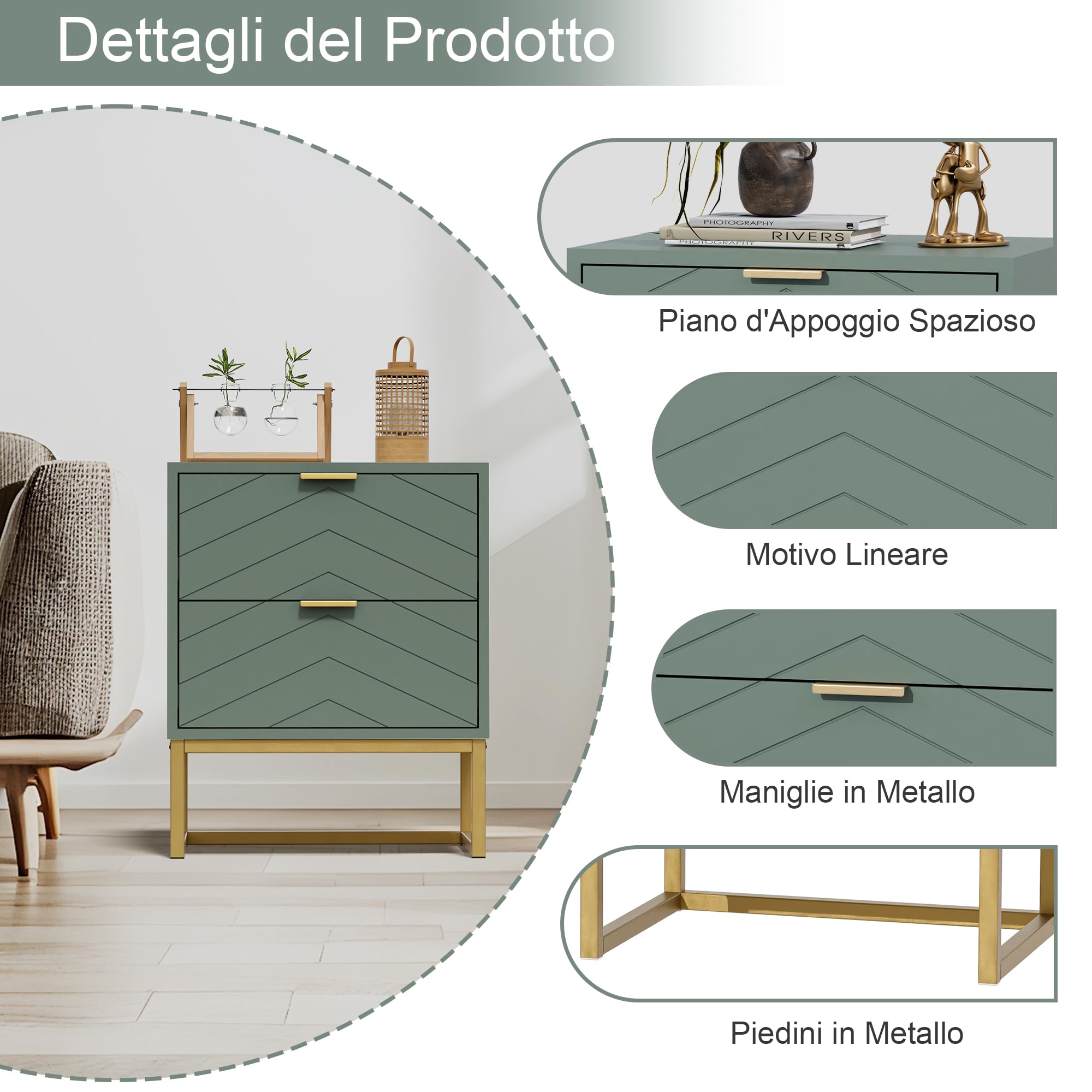 UEV Set di 2 Comodino Camera da Letto con Motivo a V, Mobile Camera da Letto con Miniglie e Piedini in Metallo, Comodino Moderno e Stabile, 46 x 33,5 x 56,5 cm, Verde