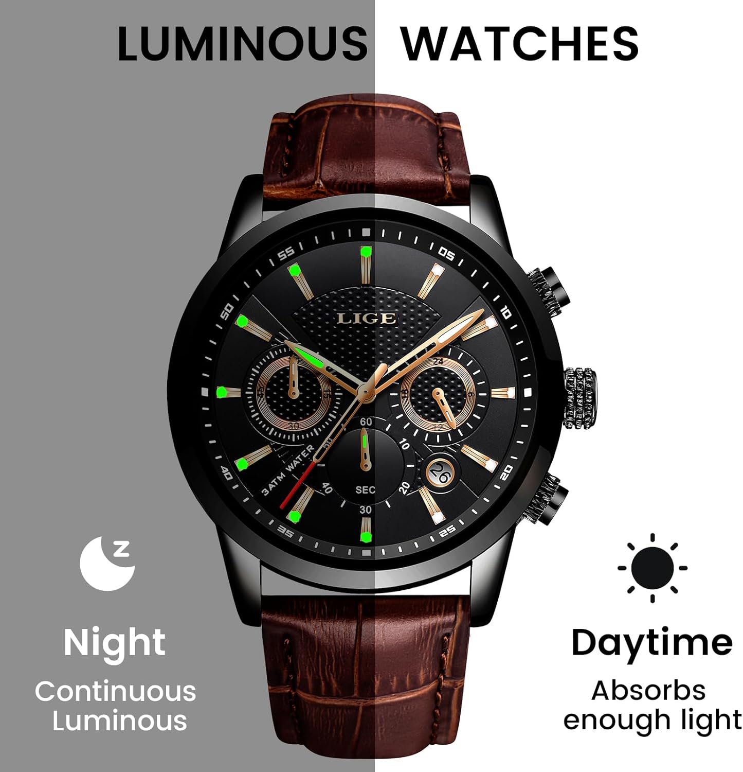 LIGE Wrist Leather Watches for Men Analog Dress Chronograph Waterproof Vintage Work Casual Quartz with Date Display Chronograph Luminous 30M Water Resistant Business Classic Mens Watch