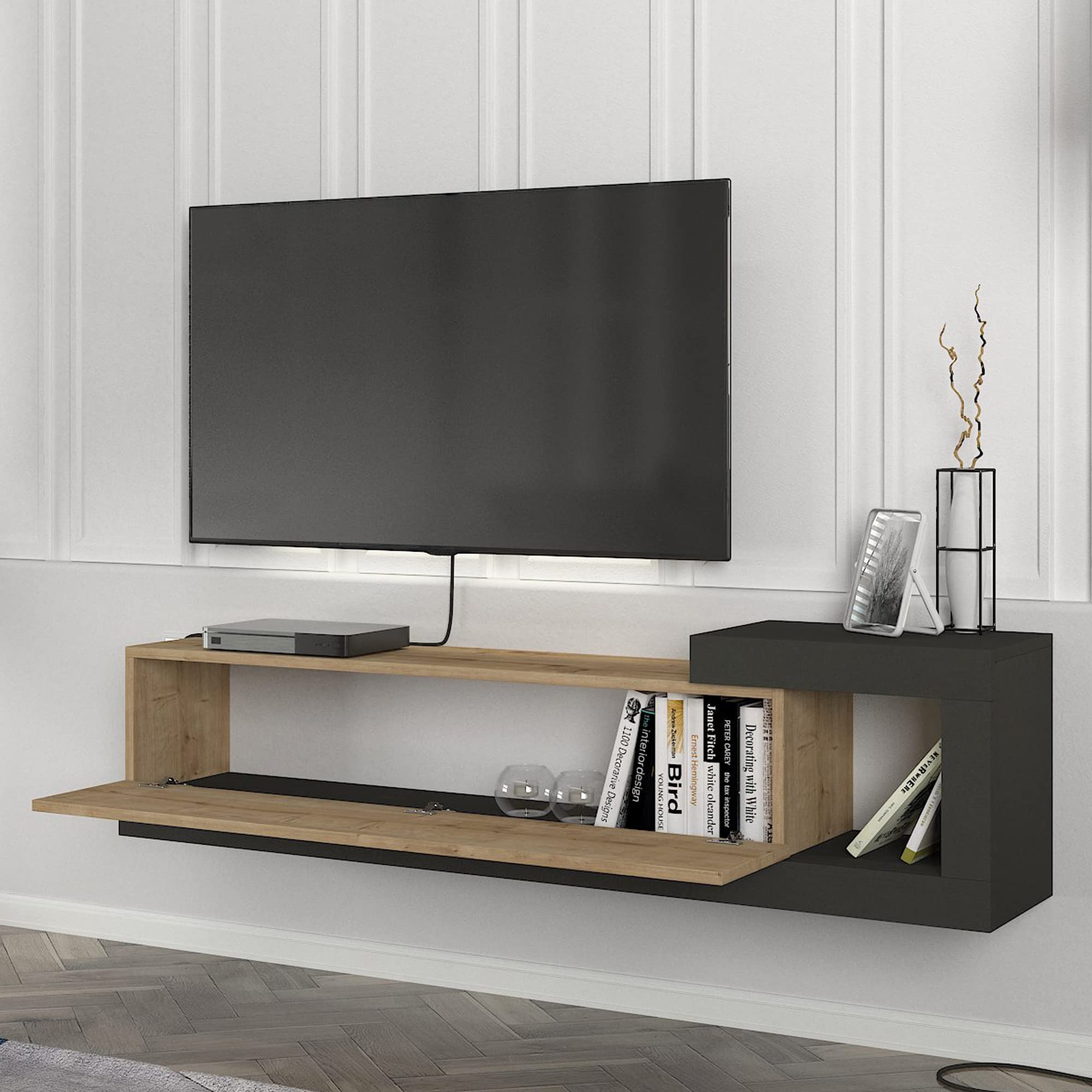 [en.casa] Mobile TV Sospeso 150 x 29,5 x 38,5 cm Mobile Porta TV a Parete Supporto TV a Muro con Anta a Ribalta e Scomparto Laterale Aperto - Effetto Rovere/Antracite
