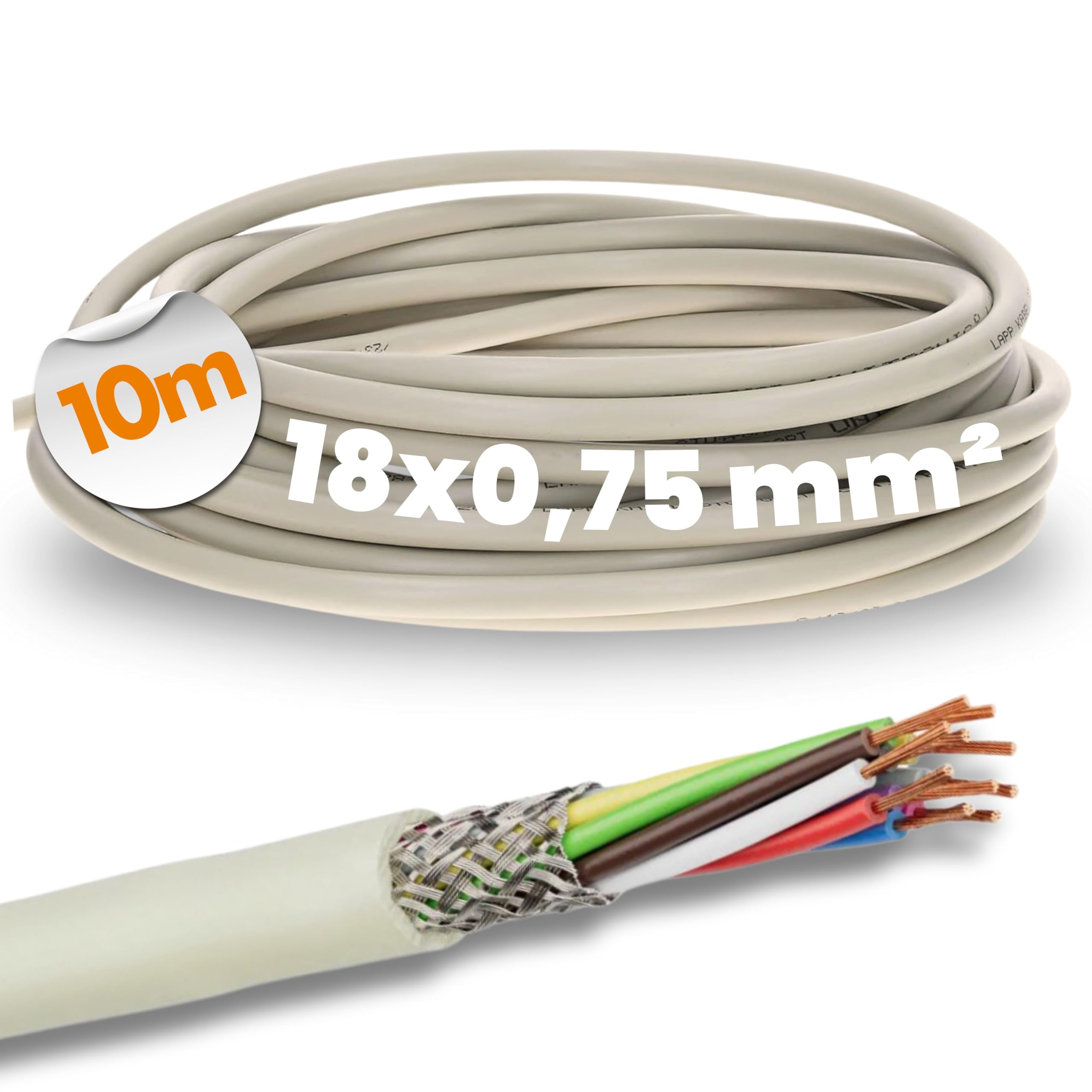 Lapp 10 m LiYCY 18 x 0,75 mm² Cable de Control Blindado de PVC | Cable multihilo para datos y señales, ideal para maquetismo, electrónica, tecnología MSR y entornos secos o húmedos.