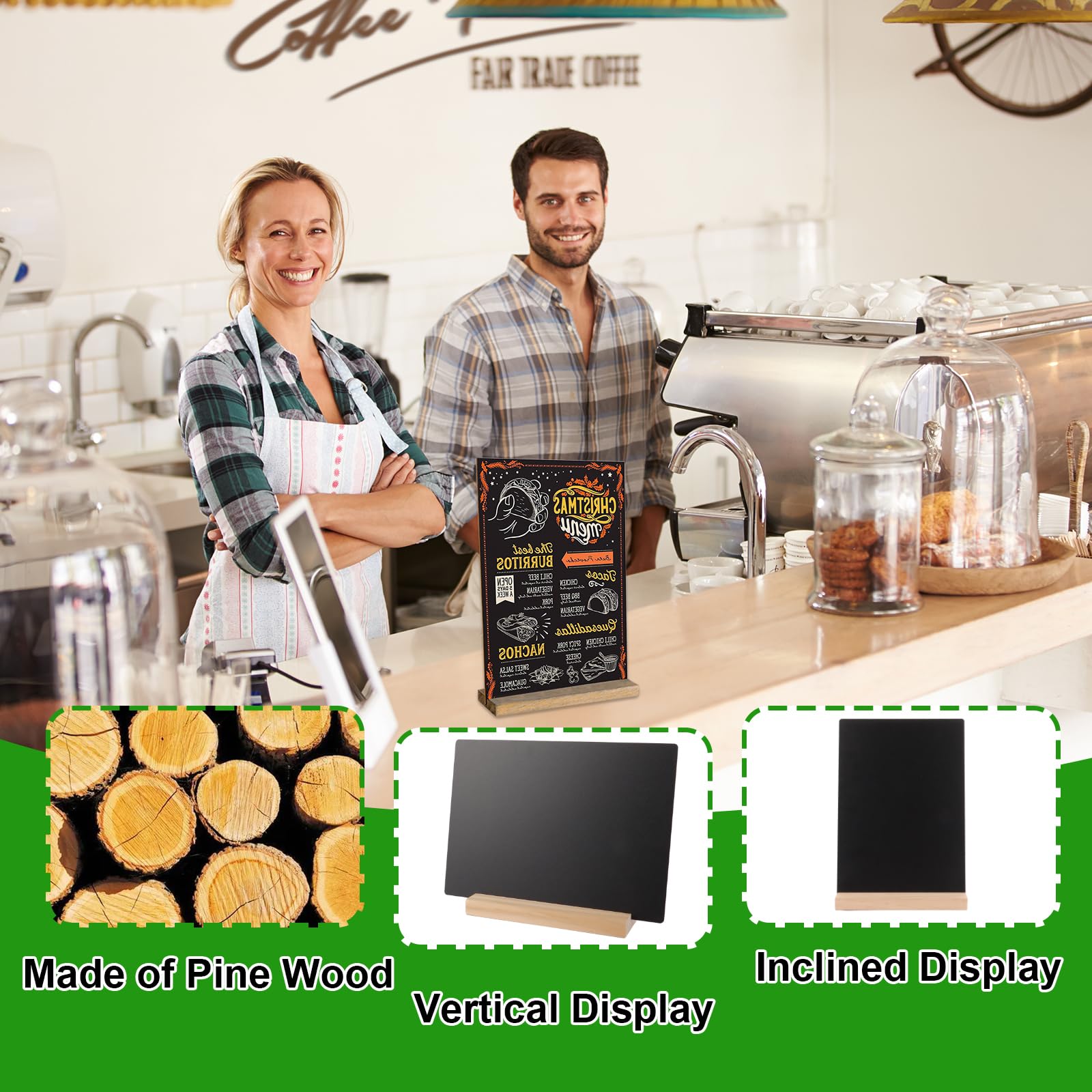 CYEER 6er Set Kreidetafel Aufsteller A4 (30x21 cm) - Doppelseitige Schiefertafel mit Holzsockel - Menütafel & Tischaufsteller für Gastronomie, Hochzeit, Buffet & Preisschilder - Hoch- & Querformat