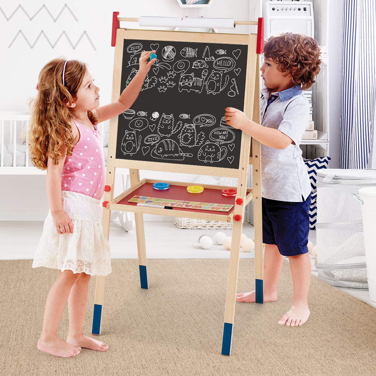 COSTWAY Cavalletto per Bambini 3 in 1, Lavagna Bifacciale, Cavalletto per Disegnare, con Rotolo di Carta, Lavagna Bianca Magnetica, Accessori Completi, in Legno (60x55x(112,5-124,5) cm)