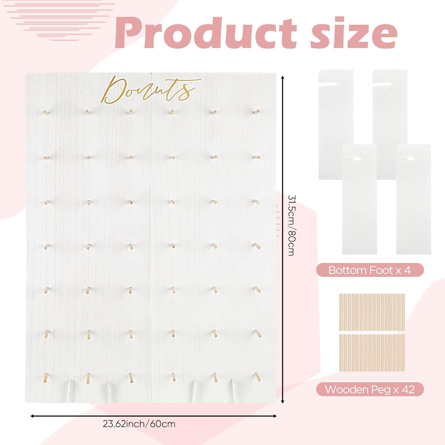 Suzile Large Donut Wall Display Stand for Party 42 Donuts Board Wood Wall Display Holder Reusable Doughnut Stand Board Food Buffet for Bridal Shower Birthday Wedding Decor(White)