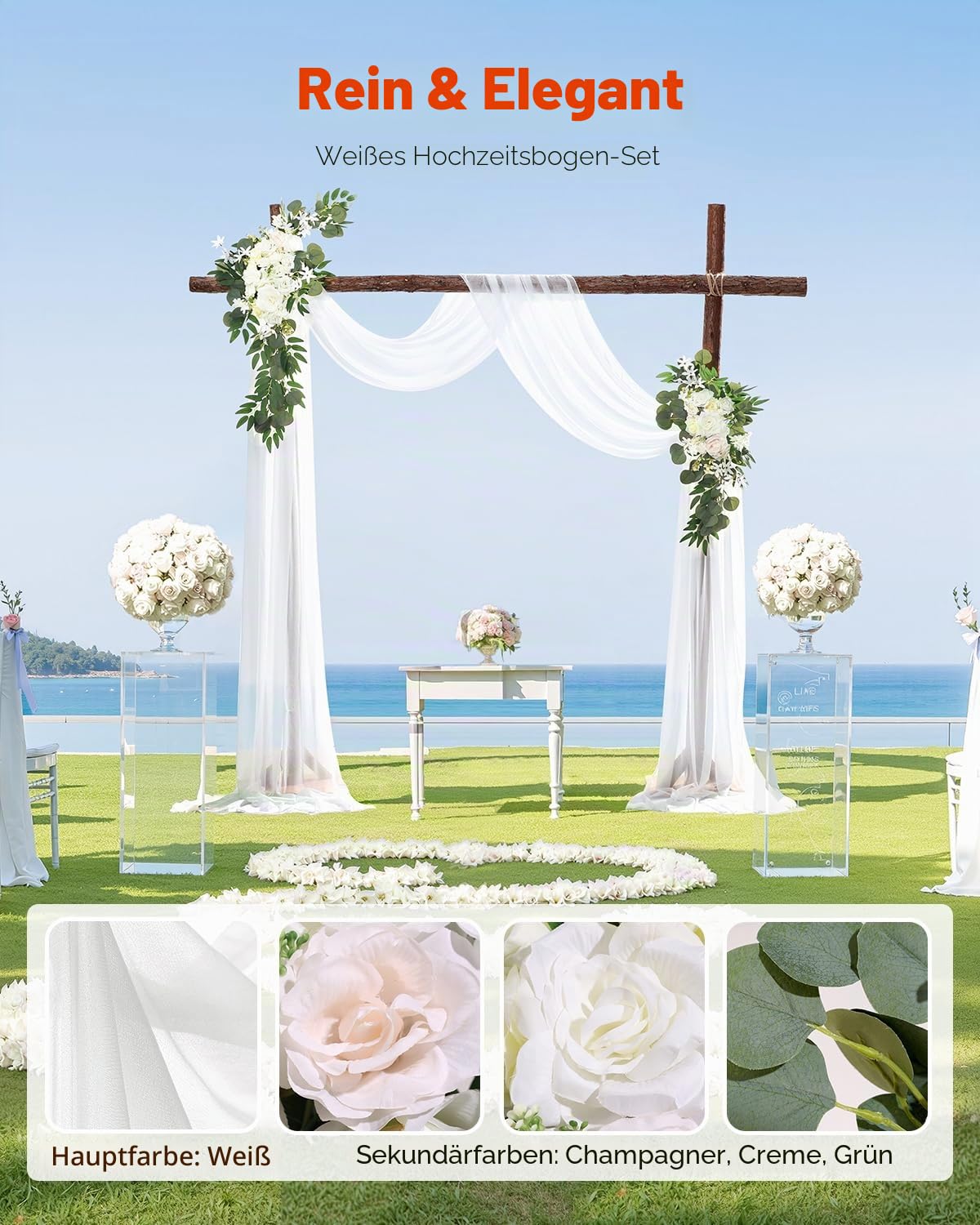 VEVOR Blumenset für Hochzeit Bogen, weiße Blumen für Traubogen mit Vorhängen (3er-Set) – 2 Blumenarrangements, 1 transparente Vorhänge, für Zeremoniensträuße, Empfangshintergrunddekoration
