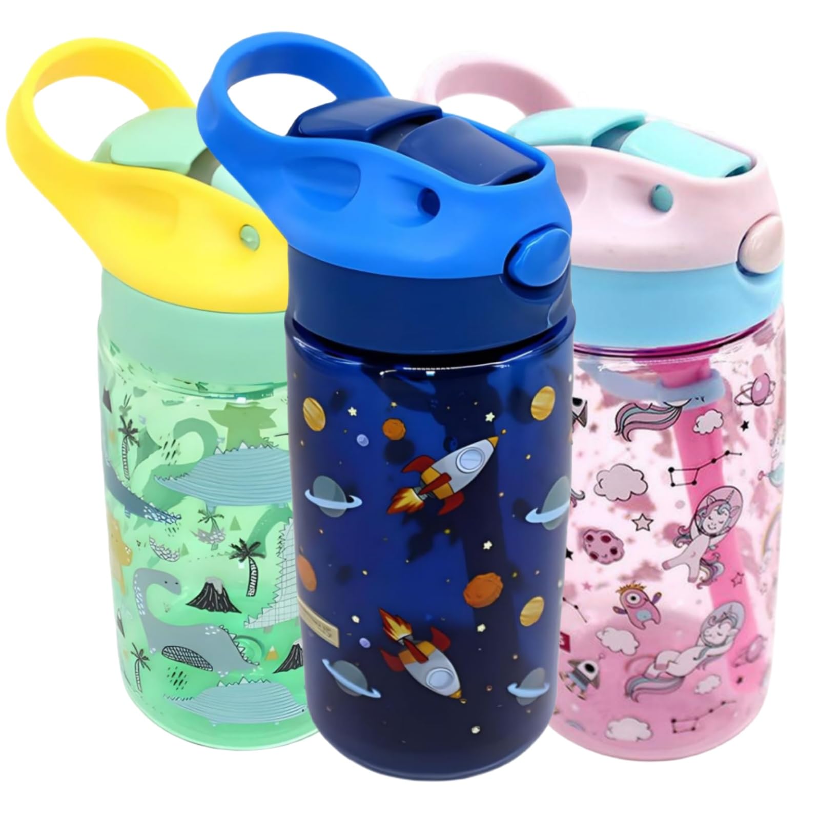 MHwan Children's Water Bottle, 450 ml Space Rocket Planet Water Bottle, Leak-Proof, Children, BPA-Free, Robust Durable Children's Bottle, Portable Straw Children's Water Bottle, Suitable for School