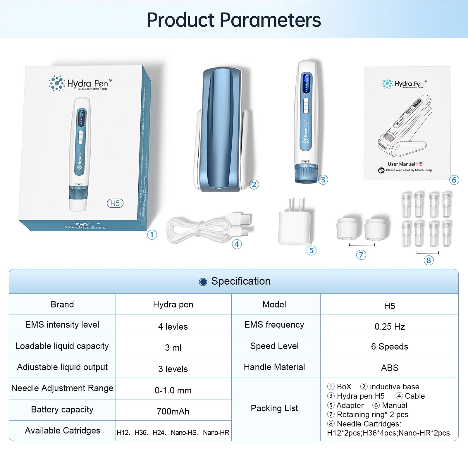Penna Microneedling Hydra.pen H5,Dermapen Professionale con EMS,Display Digitale a LED, Base con Sensore Intelligente,8 Cartucce (12/36/HR Pins),Dermapen Microneedling per la Cura Della Pelle