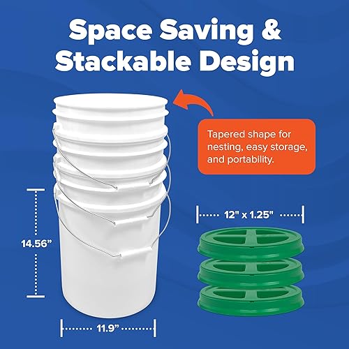 Miniatura 3 de Cubo blanco de 5 galones con tapa hermética con sello gamma verde (3 unidades), almacenamiento de grado alimenticio, plástico HPDE premium, sin BPA,