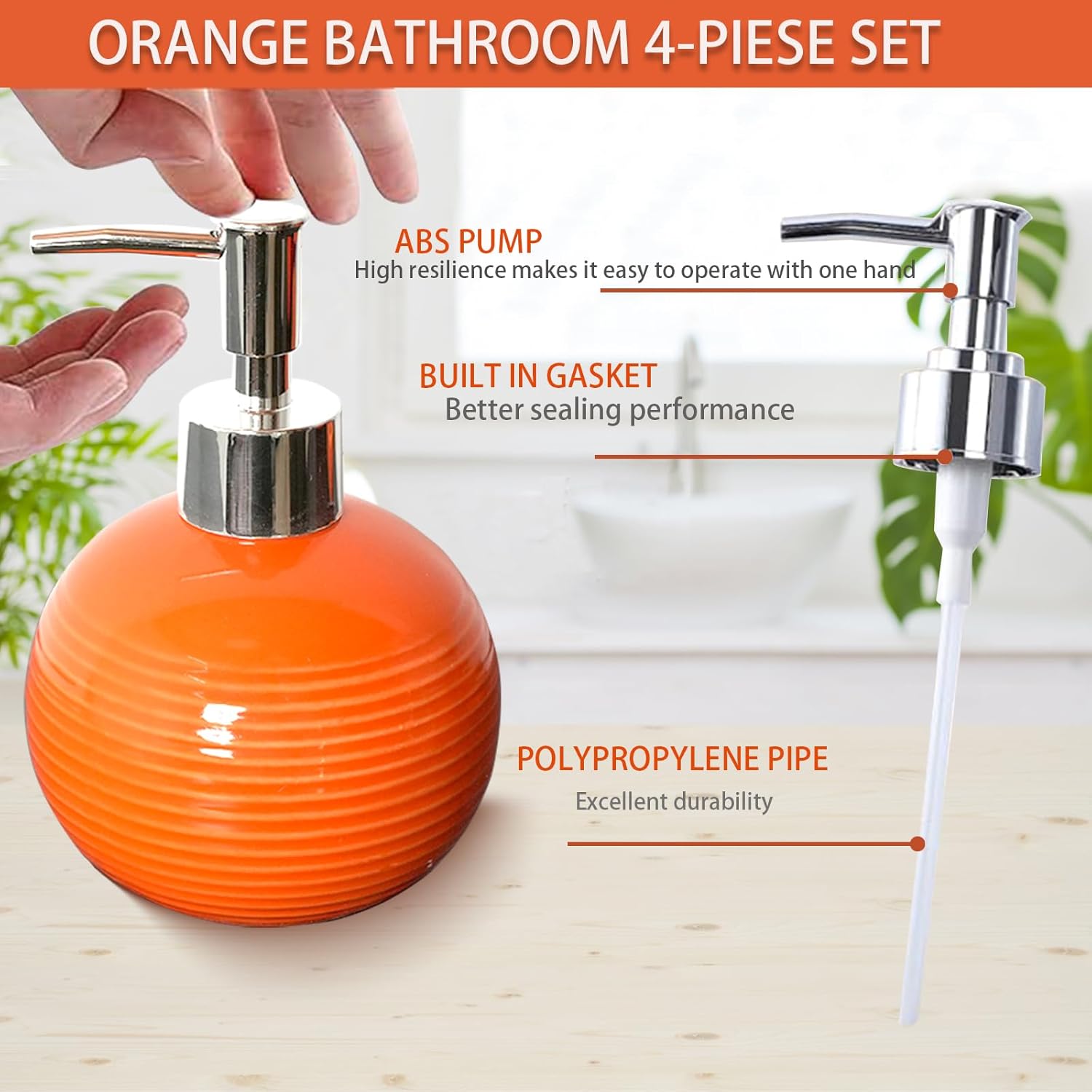 Orange Bathroom Accessories Set 4 Pcs, Ceramic Bathroom Accessory Set with Lotion Soap Dispenser, Toothbrush Holder, Bathroom Tumbler and Soap Dish,Orange Bathroom Decor