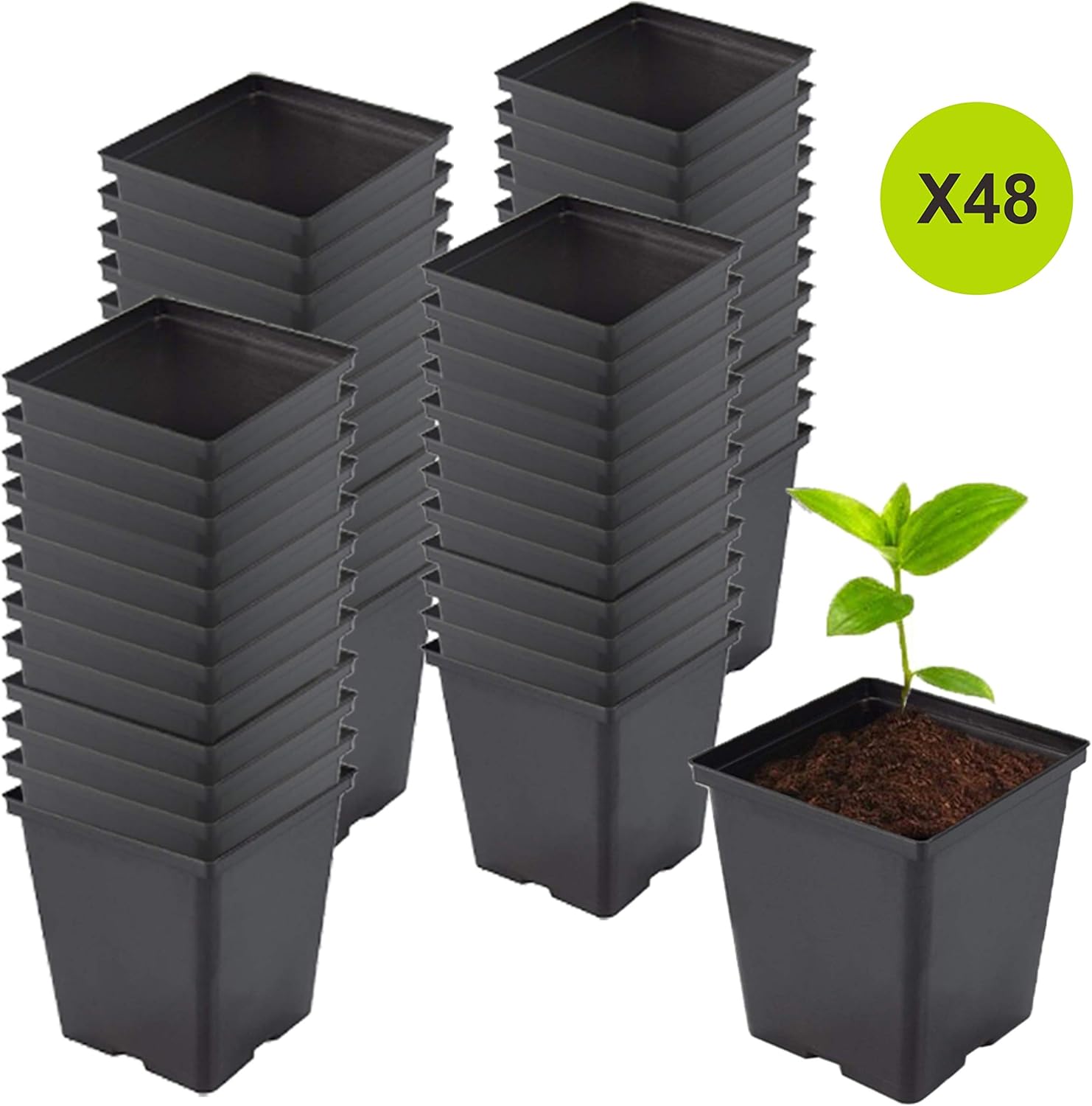 1/2 Gallon Square Nursery Pots 48PCS Black Thick Durable Plastic Flower Pots with Drainage Holes, Reusable Seedling propogation Starter Pots for Indoor Plants, Transplanting, Succulents