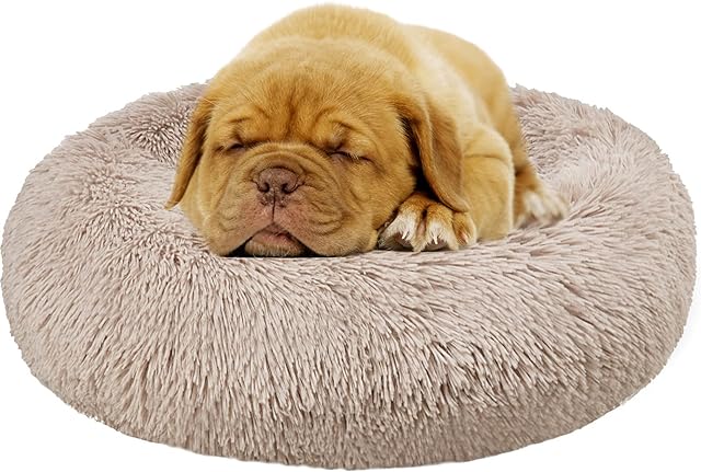 Enjamoy Plush Donut Dog Bed, Calming Round Dog Cat Bed Soft and Fluffy Cuddler Pet Cushion Self-Warming Puppy Beds Machine Washable, Brown 60cm
