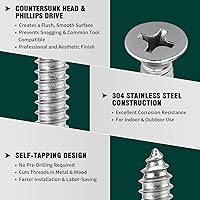 Vista 5 de Tornillos de chapa metálica de cabeza plana #4 x 1/4" (200 unidades), acero inoxidable 304 (18-8), Phillips Drive, tornillos autoroscantes