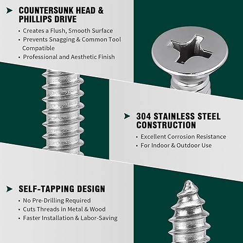 Miniatura 5 de Tornillos de chapa metálica de cabeza plana #4 x 14" (200 unidades), acero inoxidable 304 (18-8), Phillips Drive, tornillos autoroscantes,