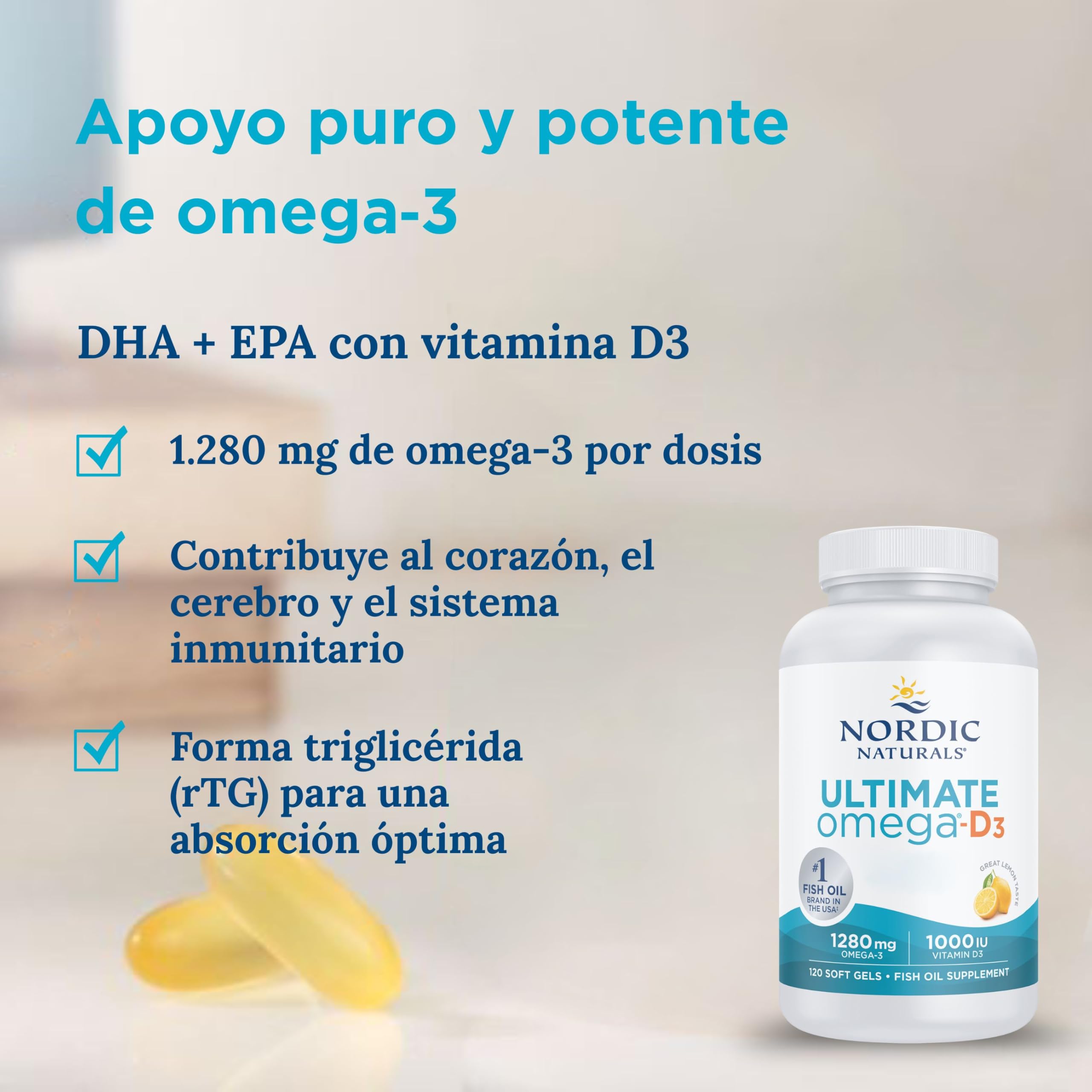 Nordic Naturals Ultimate Omega-D3, suplementos de aceite de pescado Omega 3 de 1280 mg con EPA, DHA y vitamina D3, dosis alta, sabor limón, 120 cápsulas blandas, sin soja, sin gluten