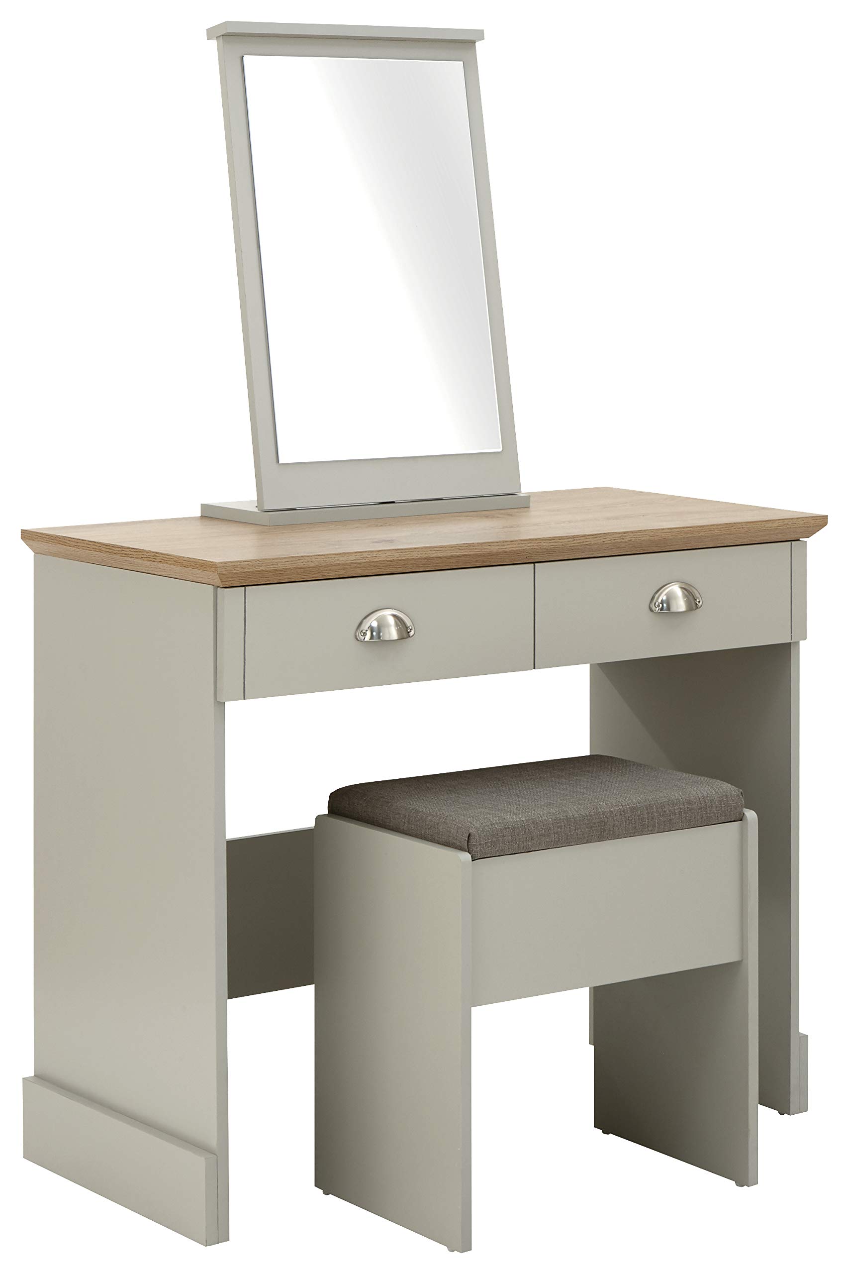 GFW Kendal Dressing Table Set, Light Grey and Oak Effect Vanity Table with Mirror, Upholstered Stool and 2 Drawers, Country Style Bedroom Furniture
