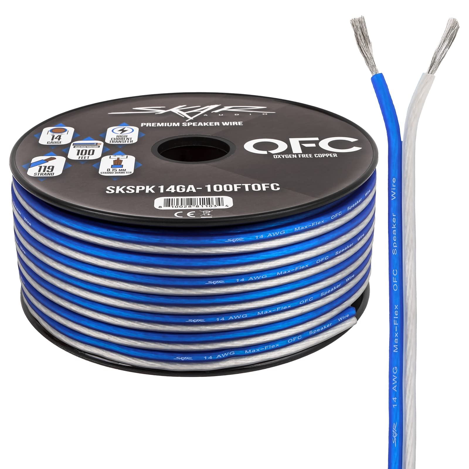 Photo 1 of Skar Audio 14 Gauge (AWG) Elite Oxygen-Free Copper Audio Speaker Wire - 100 Feet (Blue/White)