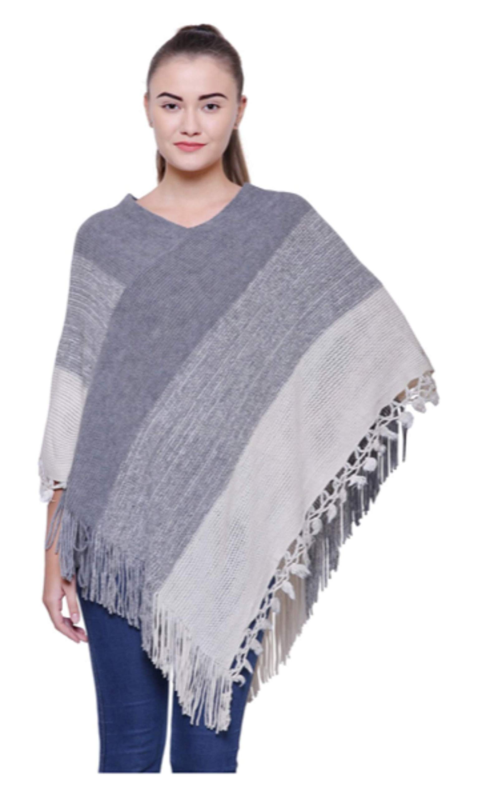 Women's and Girls Winter Warm Knitted Wool V- Neck Stripe Fringe Tassel Poncho Wrap Shawl Cape for Cold Weather, Casual & Festive Occasions