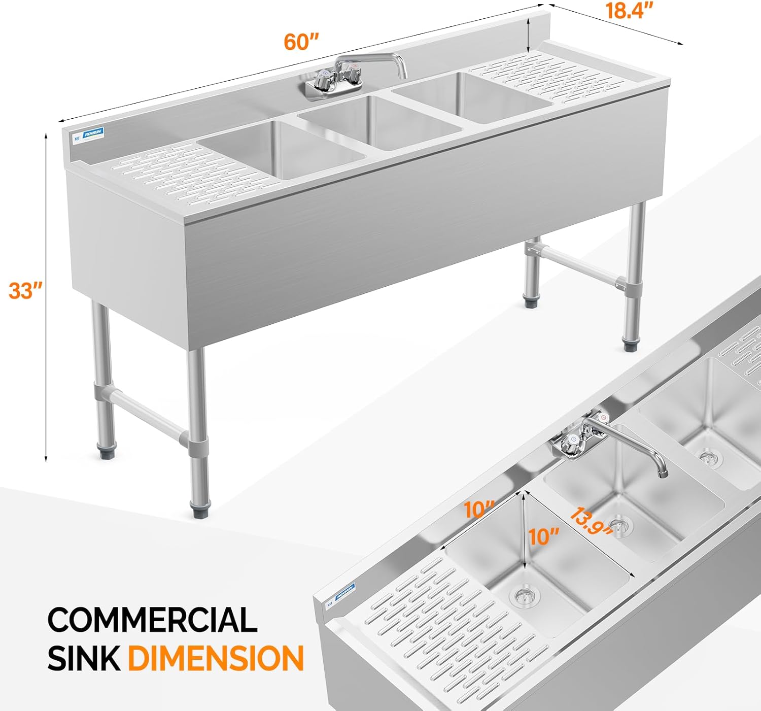 ROVSUN NSF Commercial Under bar Sink, 3 Compartment 304 Stainless Steel Bar Sink with Double Drainboard, Prep Freestanding Large Sink for Restaurant, Garage 60"L x 18.4"W x 33"H