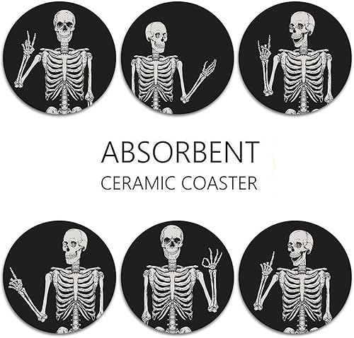 Miniatura 6 de Britimes Juego de 6 posavasos para bebidas, cuerpo de calavera de esqueleto, huesos vintage, tapete redondo absorbente de piedra de cerámica, con