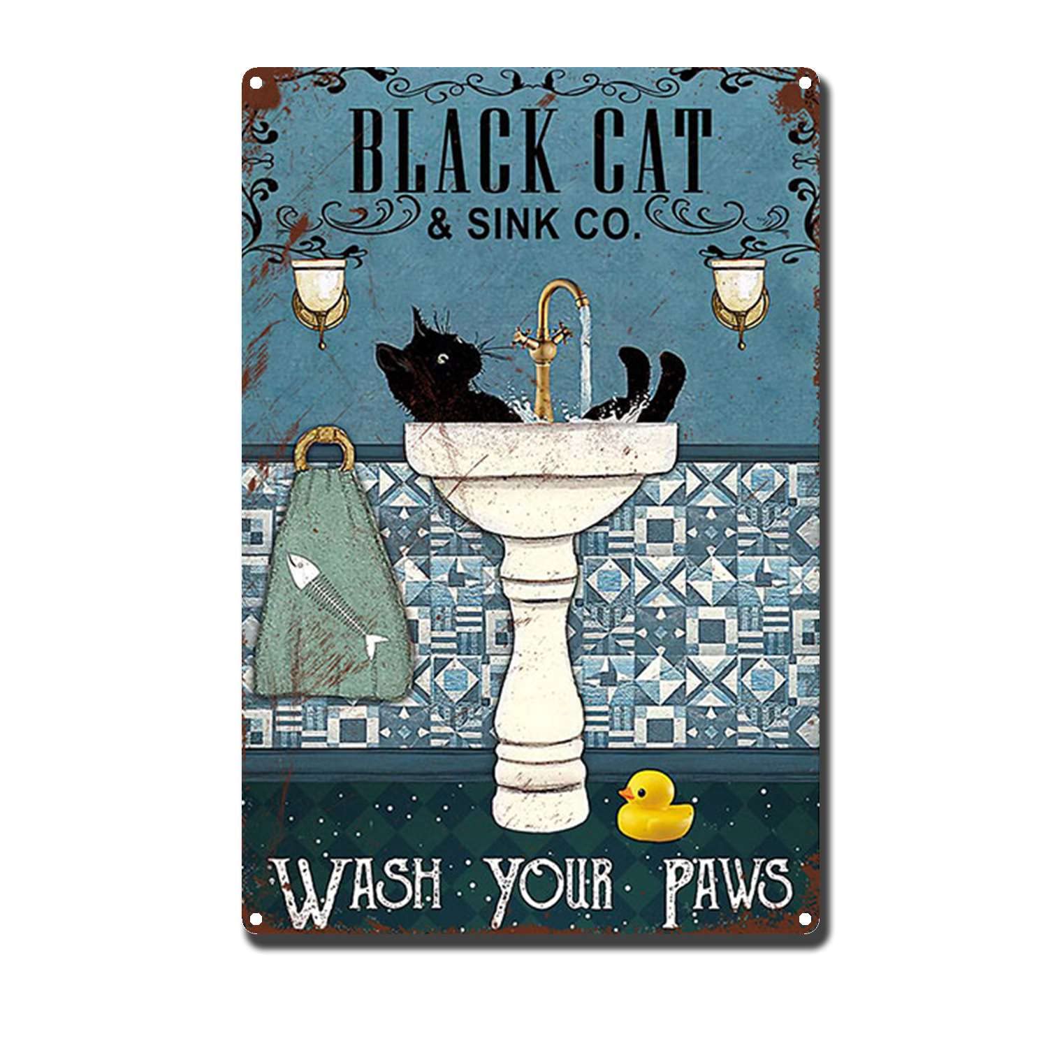 HYCLAM Tin Sign Black Cat and Sink Co Wash Your Paws Restoring The Toilet Bathroom Art Ancient Ways Wall Decor Wall Hanging 8x12inch-Tin Sign