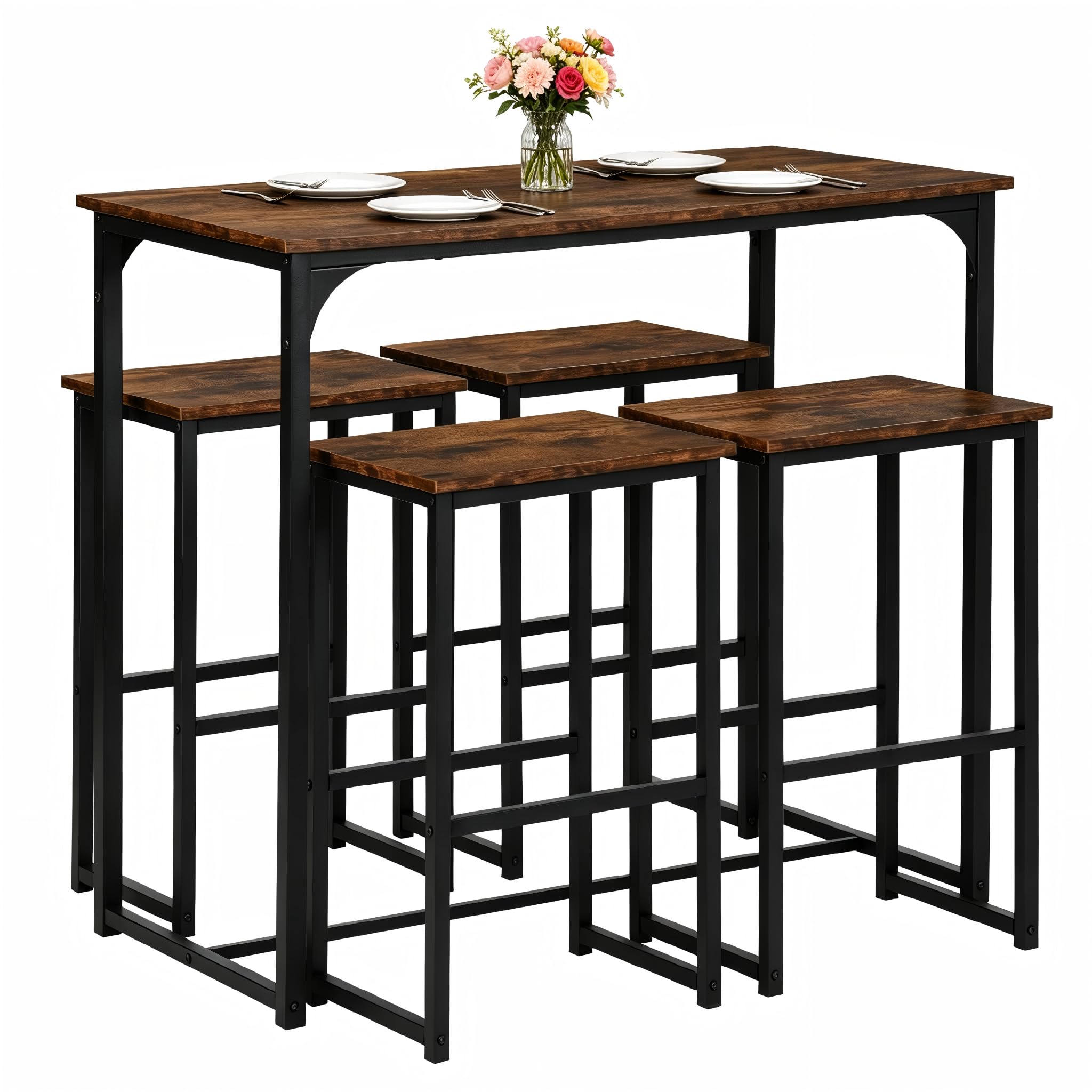 Tavolo da Pranzo con 4 Sedie, Tavolo e Sedie da Esterno Set 5 Pezzi Mobili Industriale Tavolo 100 x 50 x 90 cm, Sedie Cucina 40 x 30 x 65 cm, per Cucina, Nero Opaco + Venatura Legno Retrò