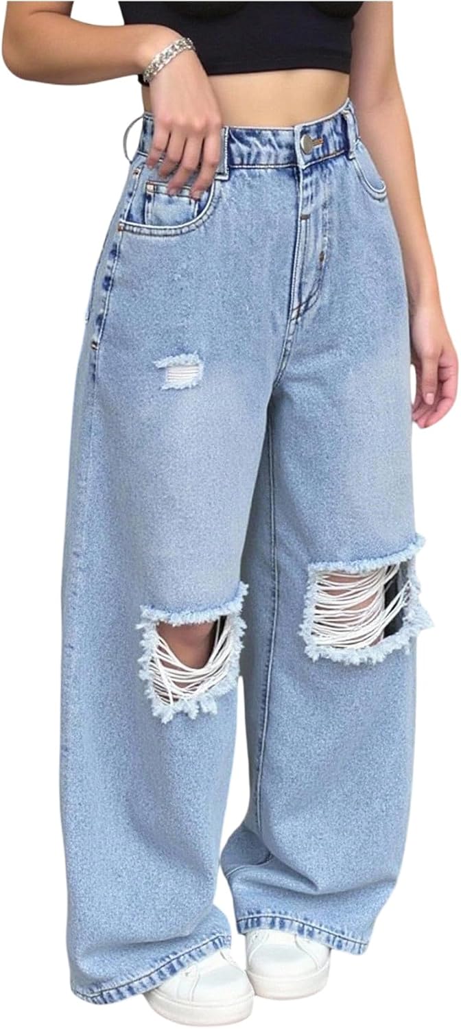 Milumia Girl's Ripped Baggy Jeans Distressed Straight Wide Leg Denim Pants Streetwear