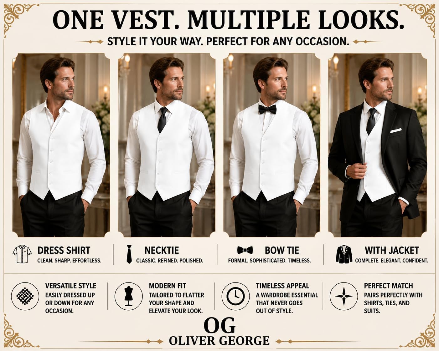 Oliver George Men’s Solid Formal Suit Vest Tuxedo Waistcoat Business Dress Vest For Suit or Tuxedo