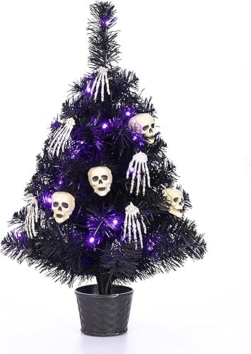 Sunnyglade Mini árbol negro de Halloween de 21.6 pulgadas, 30 luces LED artificiales espeluznantes con luces moradas y cabeza de calavera,