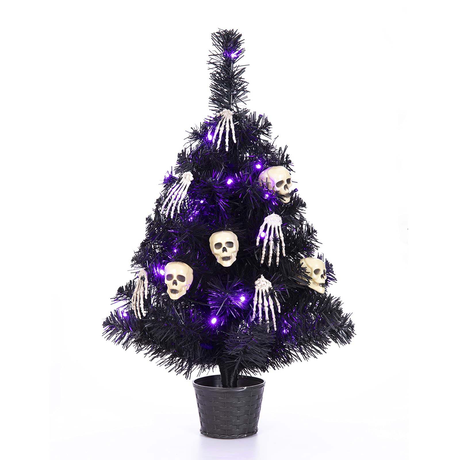 Sunnyglade 21.6 Inch 30 LED Mini Halloween Black Tree Artificial Spooky Tree Glittered with Purple Lights & Skull Head, Skeleton Hands Decoration for Halloween Indoor Tabletop Decoration
