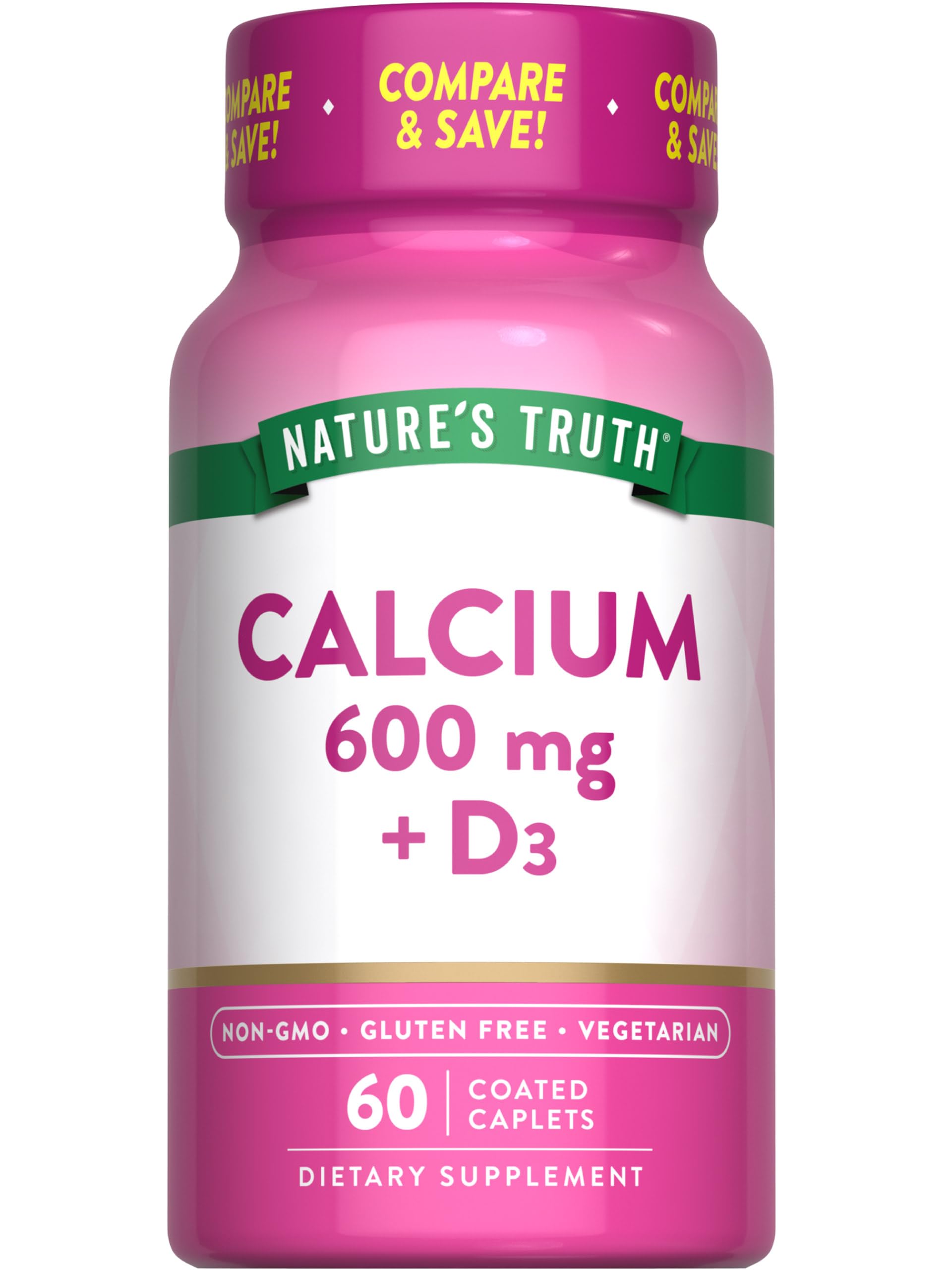 Nature's Truth Calcium 600 mg with Vitamin D3 | Coated Caplets 60 Count (Pack of 1)