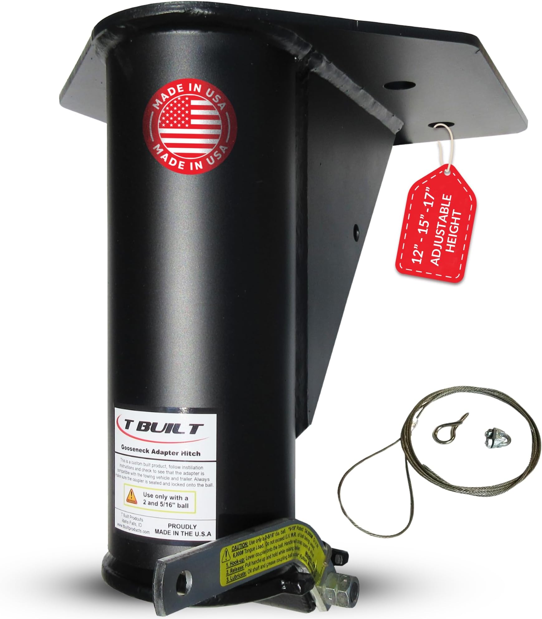 T-Built 5th Wheel to Gooseneck Adapter Adjustable Height 12"-15"-17" with 7 3/4" Offset, Remote Release, Made in USA, Fifth Wheel to Gooseneck Adapter for RV Camper Trailer, 20.000 Pound Rating