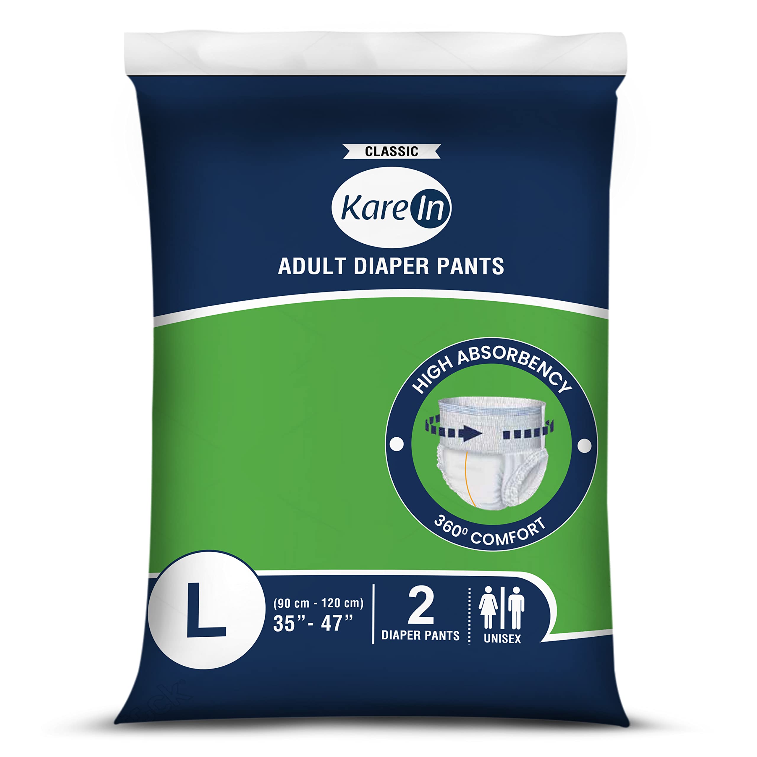KareIn Classic Adult Diaper Pants, Large 90-120 Cm (35"- 47"), 2 Count, Unisex, Leakproof, Elastic Waist, Wetness Indicator, 2' Pack