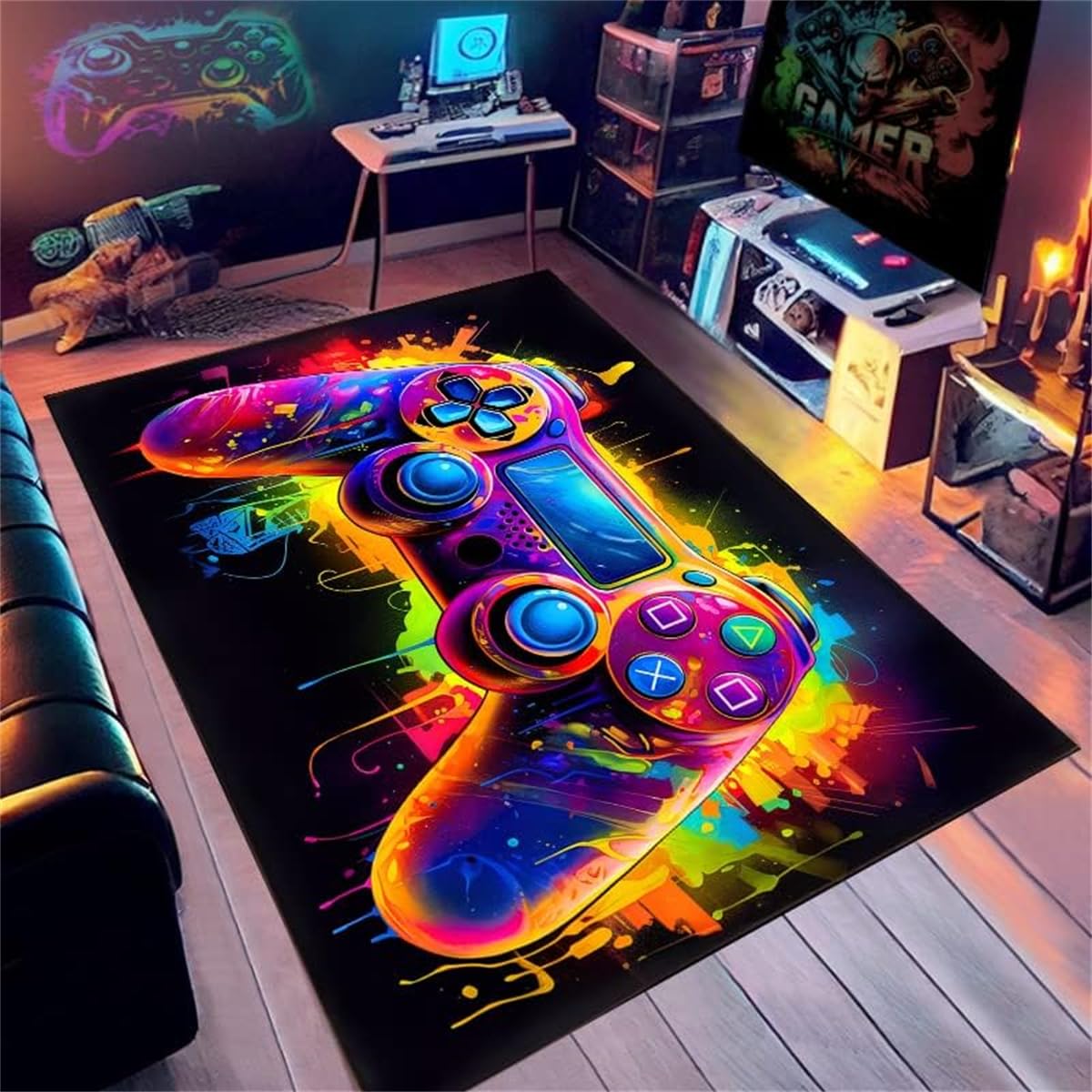 Tapis Chambre Ado Gamer 3D, Tapis Sol Gaming Deco Chambre Garcon Enfant,Tapis De Salon Moderne Antidérapant, Tapis Gaming Néon Graffiti Manette De Jeu, Flanelle Doux Carpets (Graffiti,160x200cm)