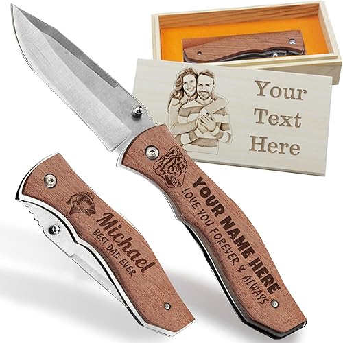 Miniatura 1 de GBVllexuii Cuchillo de bolsillo personalizado para hombre grabado personalizable plegable de madera con nombre caja texto regalo de Navidad mujer