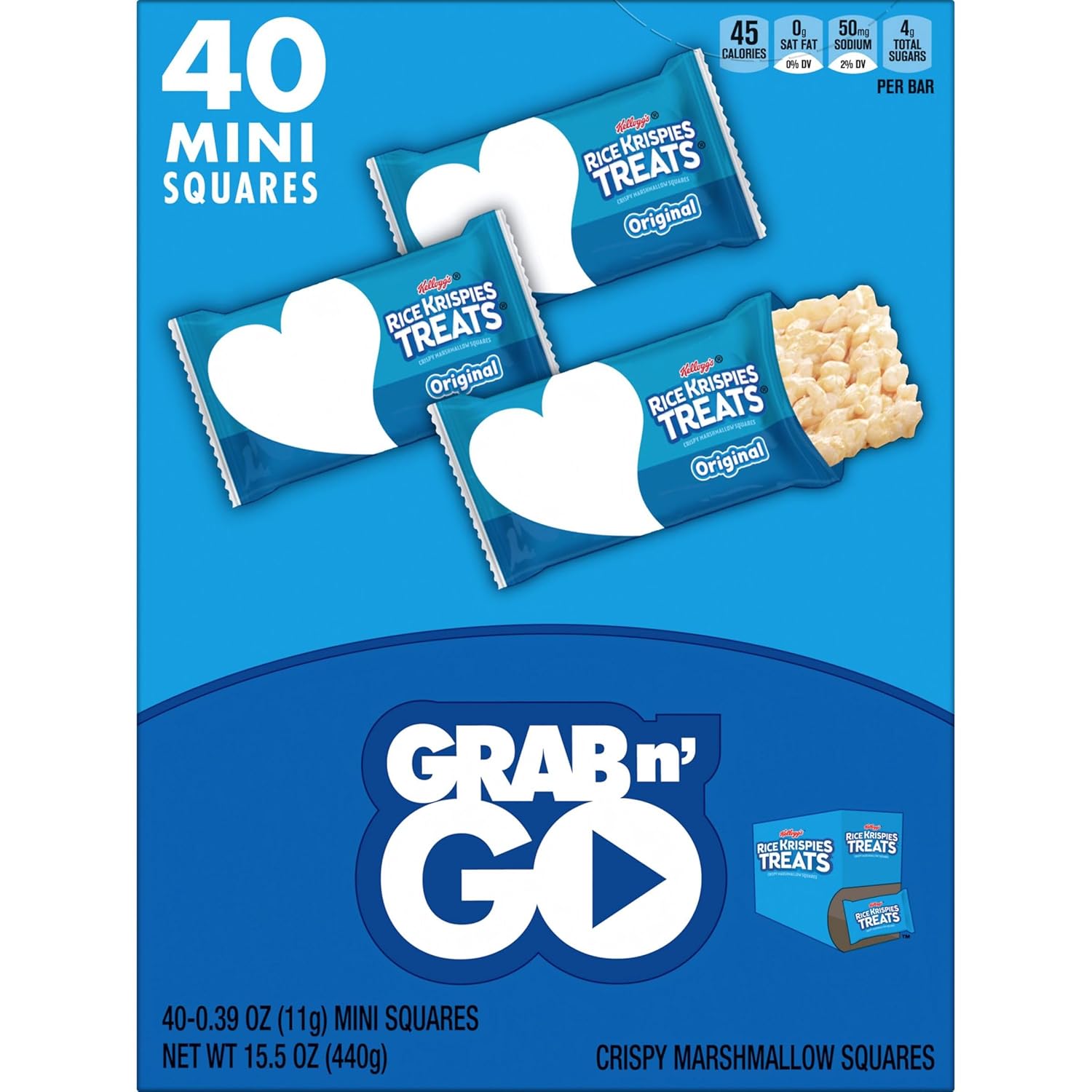 Rice Krispies Treats Mini Squares, Kids Snacks, Lunch Snacks, Grab n' Go, Original, 15.5oz Box (40 Bars)