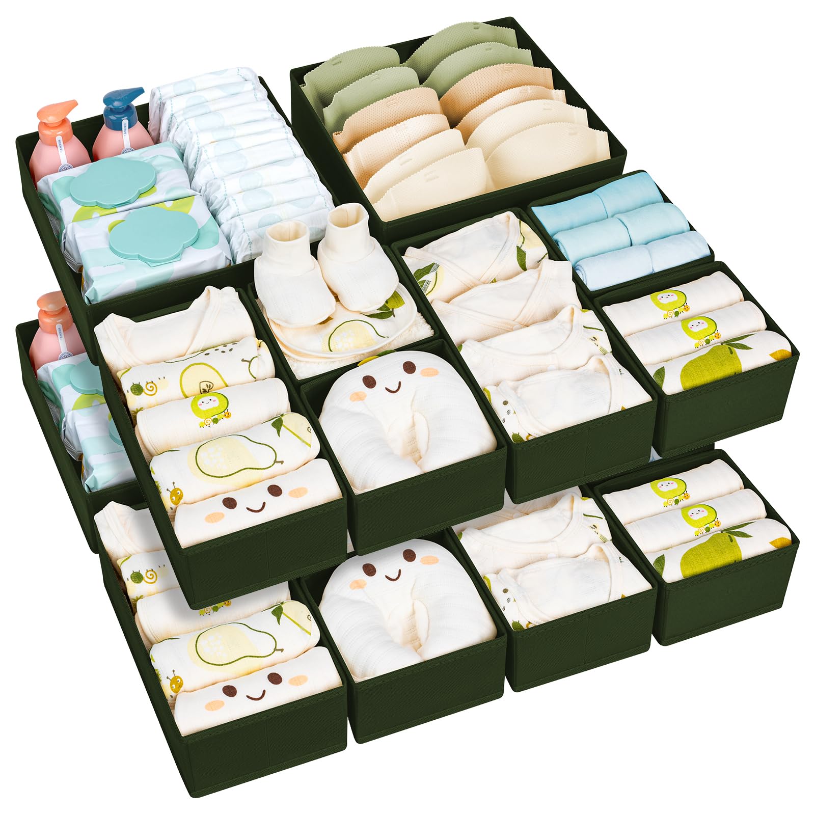Homsorout Fabric Drawer Organiser Clothes - 15 Pack Underwear Drawer Dividers with Zipper, Foldable Storage Box Organizer for Socks, Bra, Nursery - Green