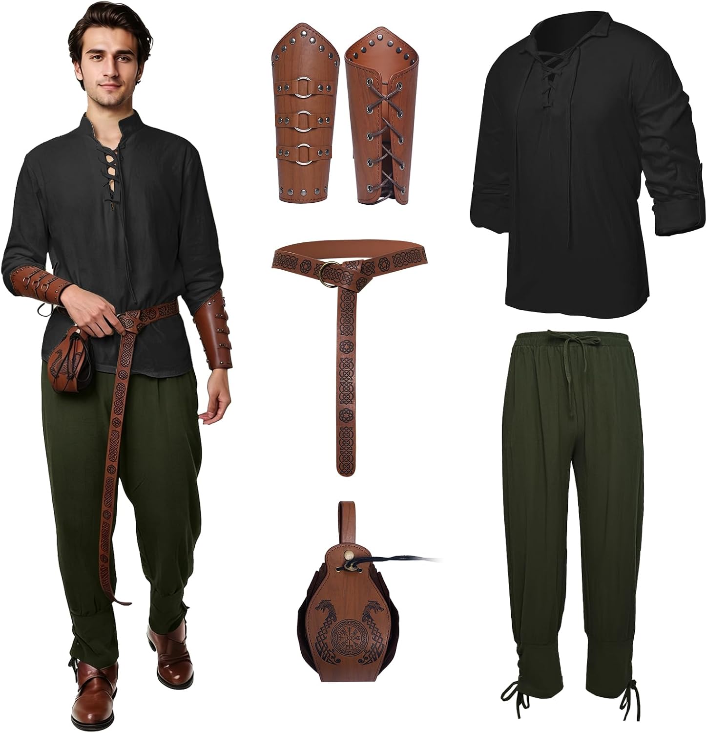 5 Pcs Men's Medieval Renaissance Pirate Costume set for Halloween