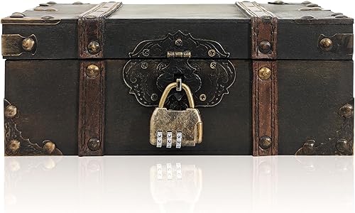Caja de madera con tapa, cofre del tesoro vintage con tapa con bisagras, caja decorativa para recuerdos (L)