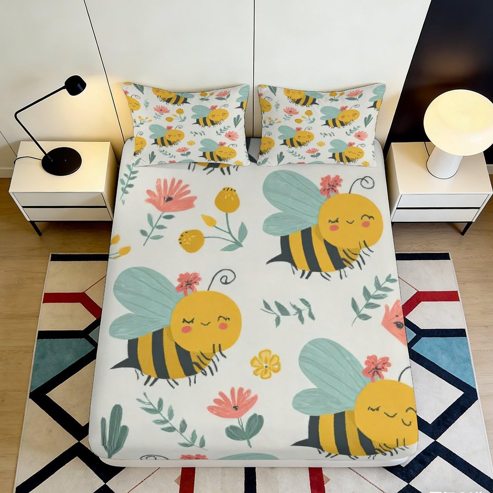 3D Printed Cute Bee Flowers Fitted Sheet Microfiber Soft Breathable Cartoon Floral Mattress Cover for Bedroom Decor 140x200x25cm