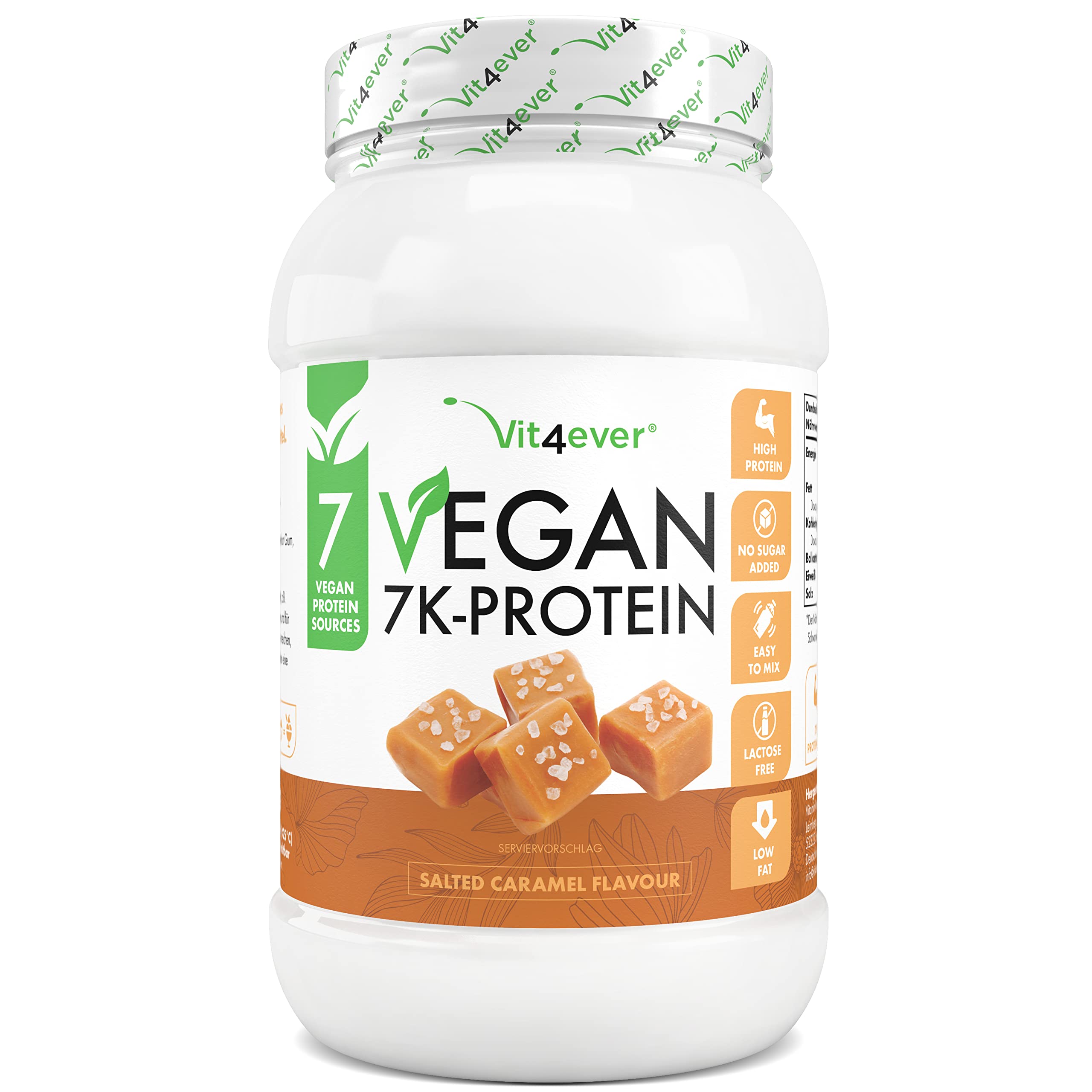 Vegan 7K Protein - 1kg - Salted Caramel - Rein pflanzliches Eiweißpulver mit Reis-, Mandeln-, Soja-, Erbsen-, Hanf-, Cranberry-, Sonnenblumenprotein