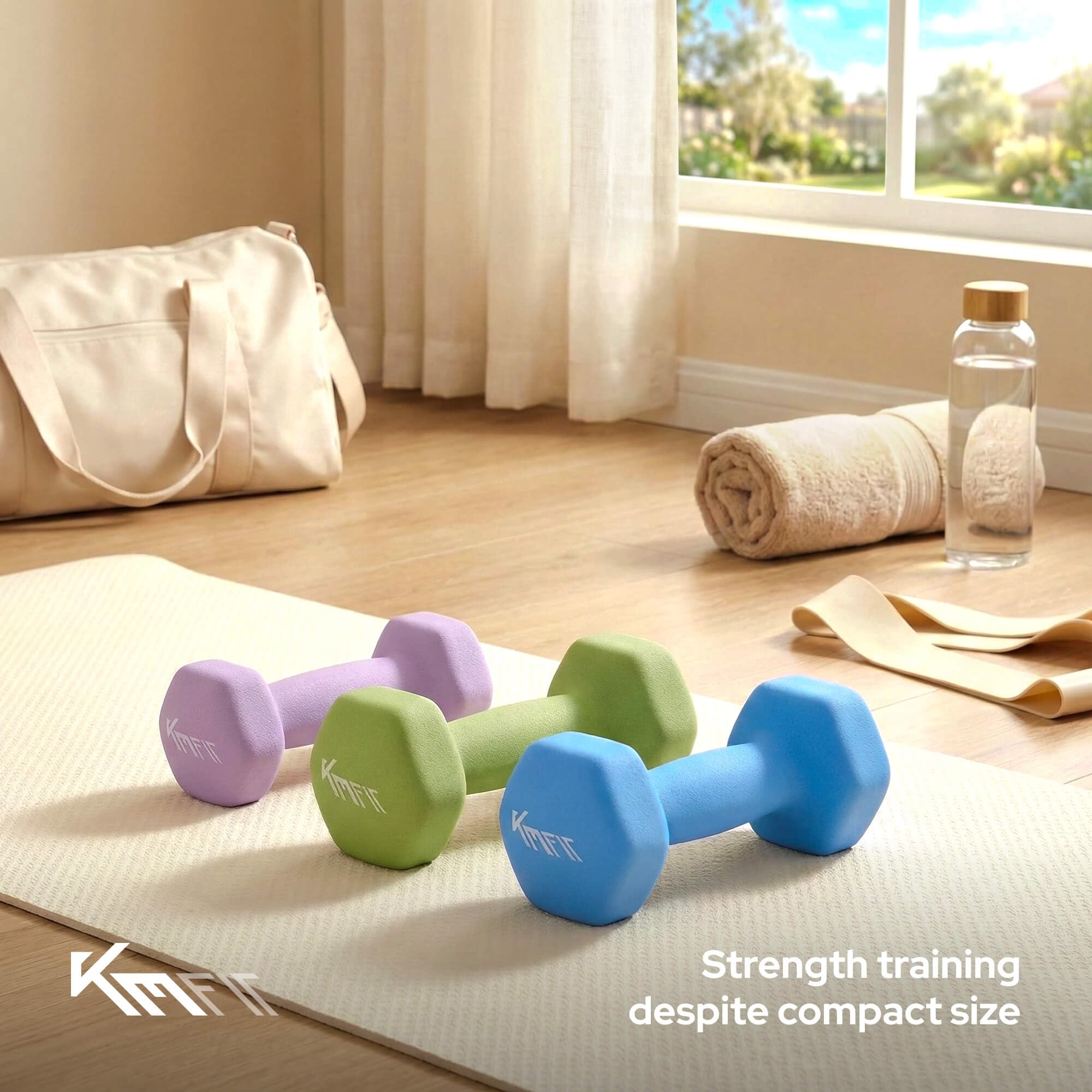 KM-Fit zestaw hantli 12 kg ze stojakiem | Hantle neoprenowe 1–3 kg | Żeliwo z ergonomicznym uchwytem | Odporne na toczenie | Fitness i trening siłowy w domu