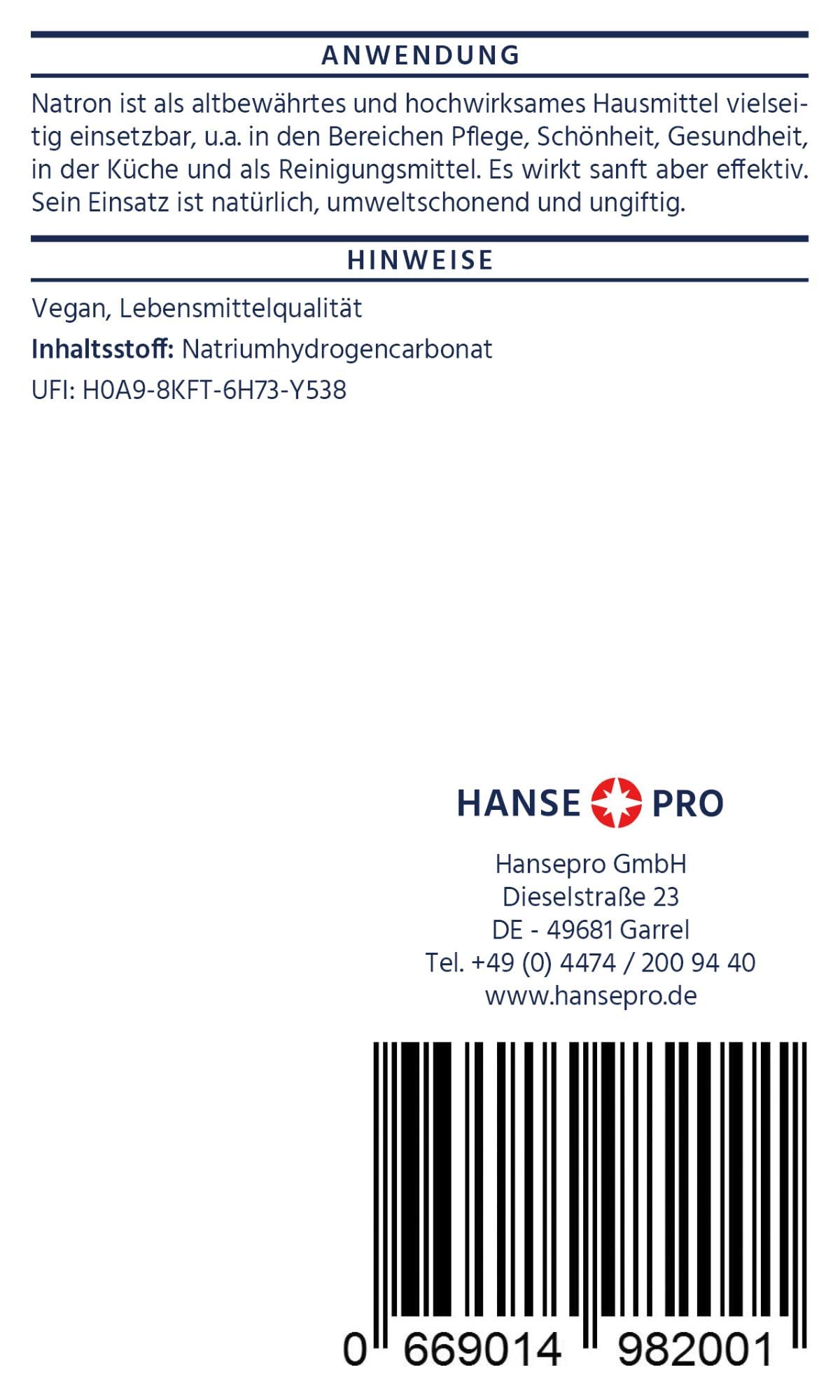 HANSE PRO Natron Pulver, 2 x 1000 g I Natürliches Hausmittel I hochwertige Lebensmittelqualität I Backsoda I Backpulver I Reingungsmittel I Wasserenthärter