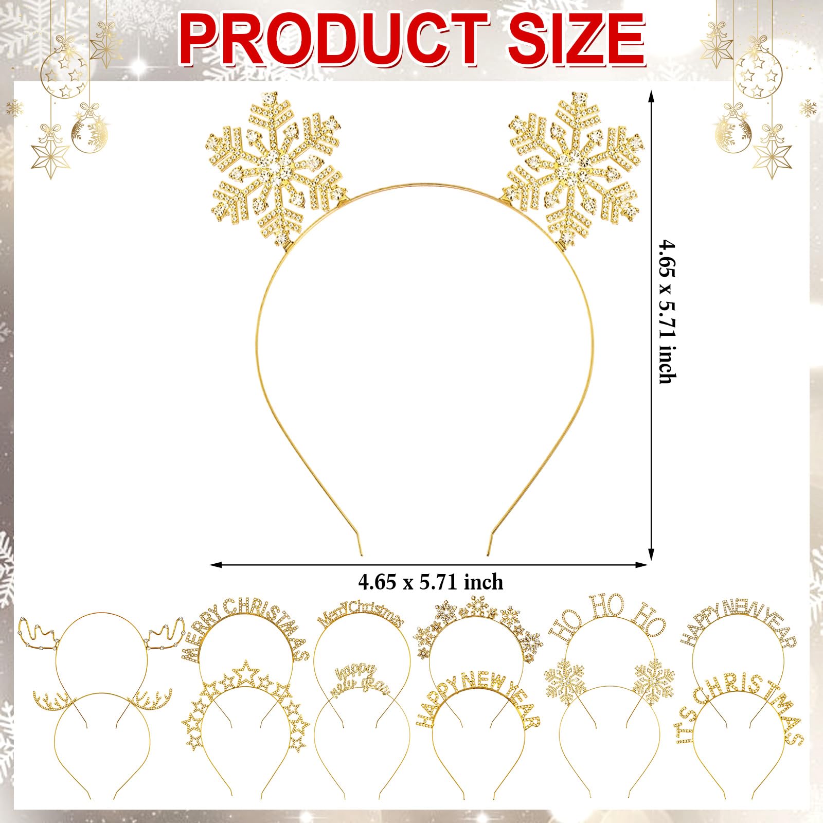 Yunlly Lot de 12 bandeaux de Noël en strass, jolis serre-têtes de Noël en forme de bois de renne, flocon de neige, étoiles, accessoires de fête pour femmes et filles (doré)