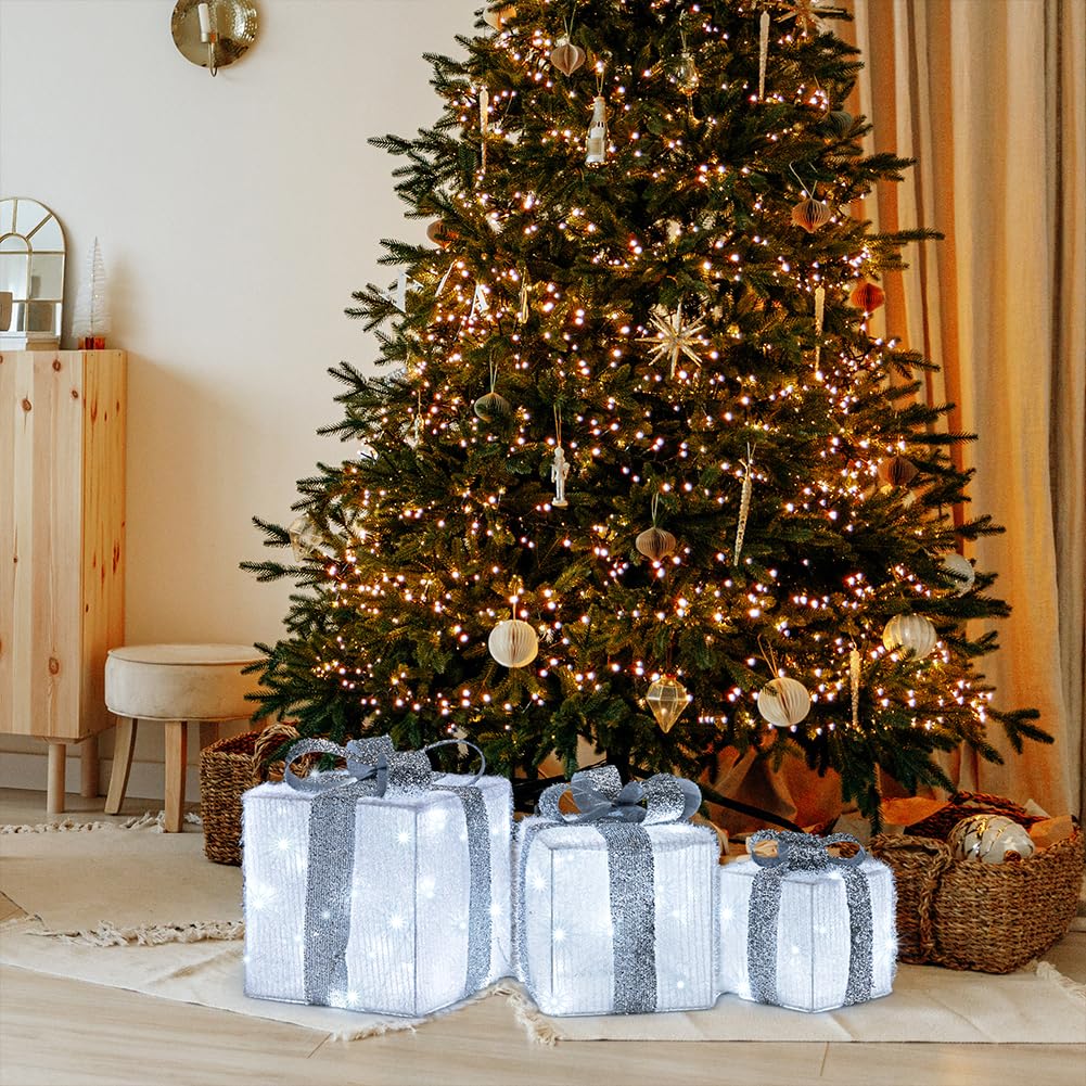 BAKAJI Set 3 Pacchetti Pacchi Regalo Luminosi di Natale con Decorazioni Addobbi Luci LED Natalizie Box Luminose in Rattan Natale Scatole con Luci Festive Kit Decorazioni Natalizie Interni Esterni…